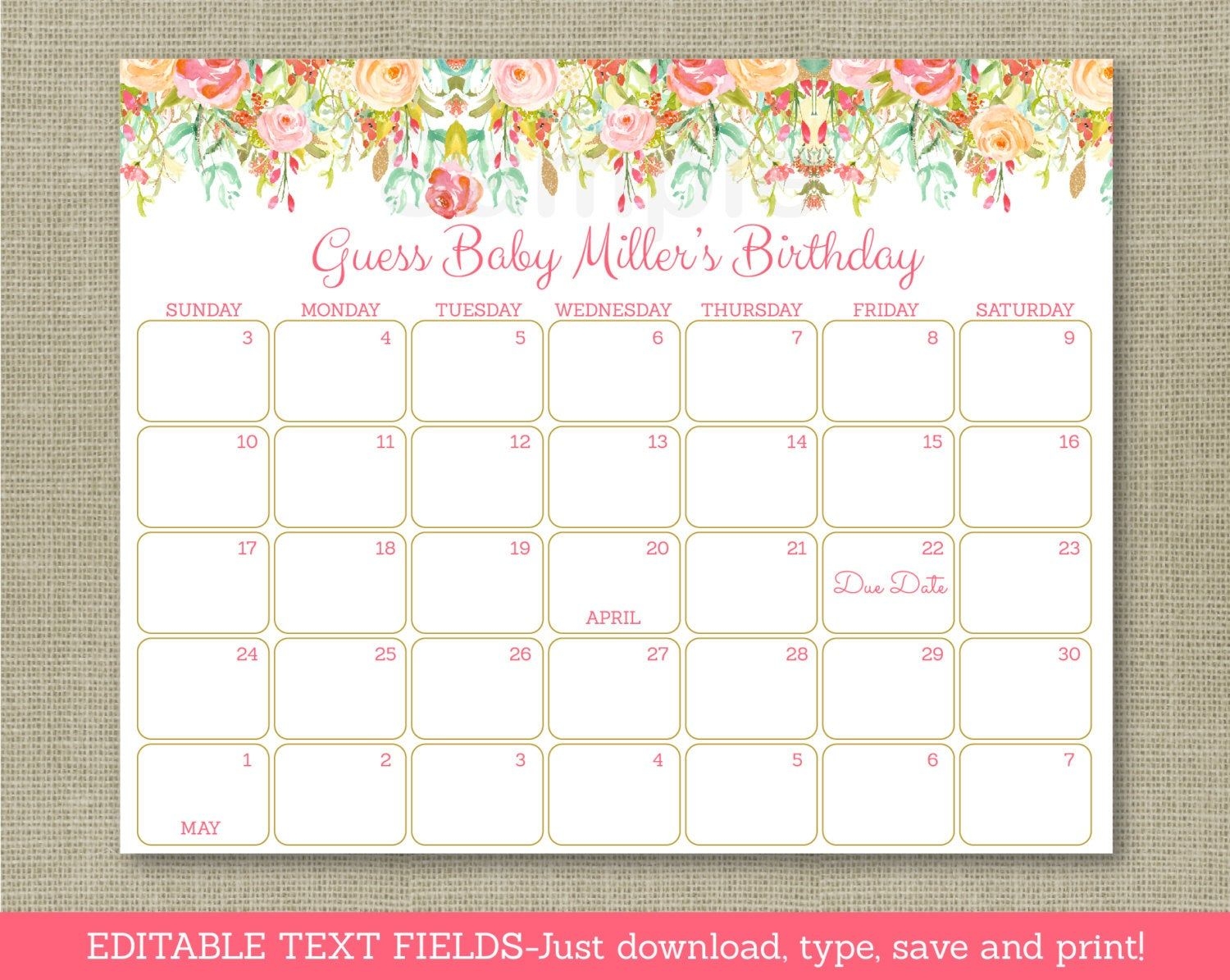 Floral Baby Due Date Calendar / Floral Baby Shower / Gold Floral / Birthday  Predictions Calendar / Instant Download Editable Pdf A106