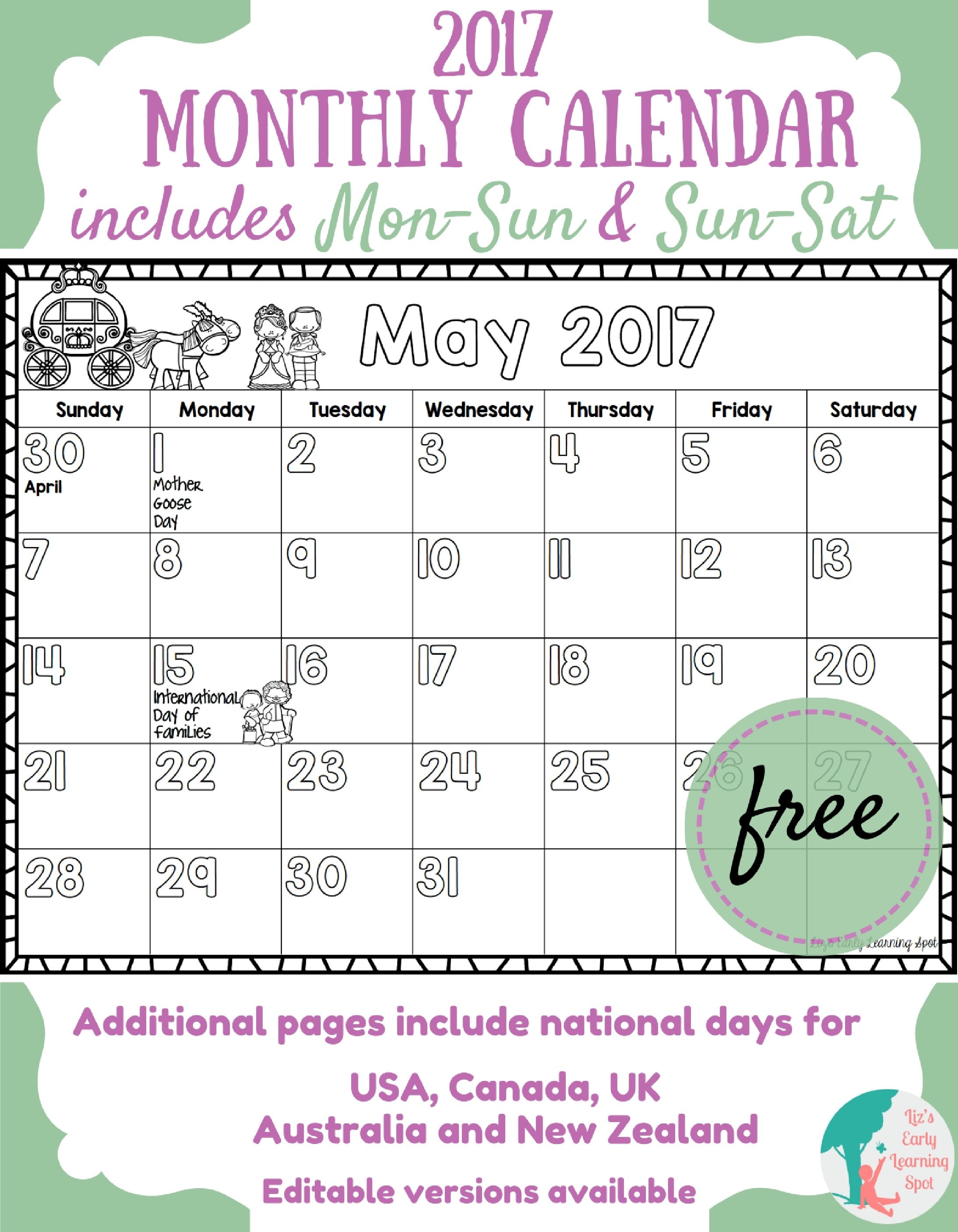 Free 2017 Monthly Calendar For Kids | Liz&#039;s Early Learning Spot