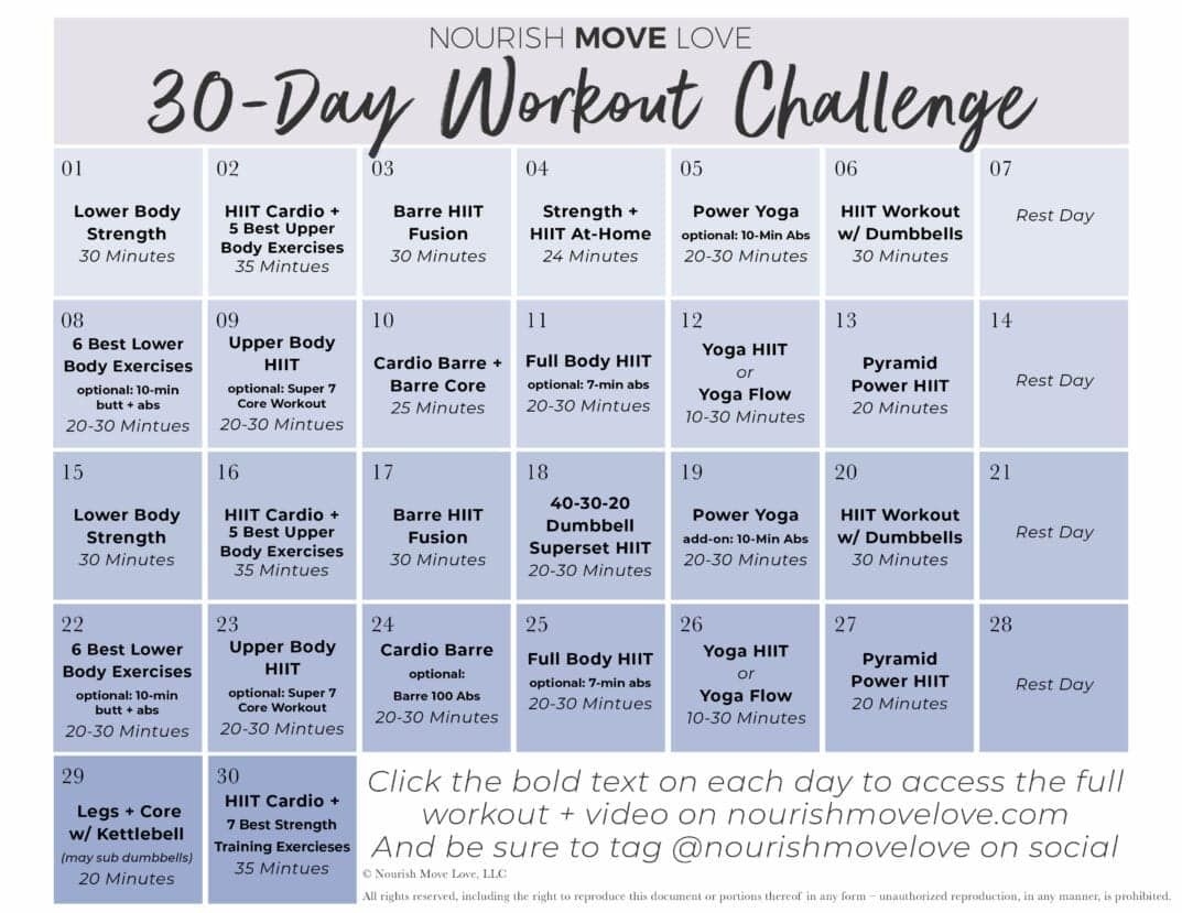 Free 30 Day Workout Challenge + Workout Calendar |Nourish