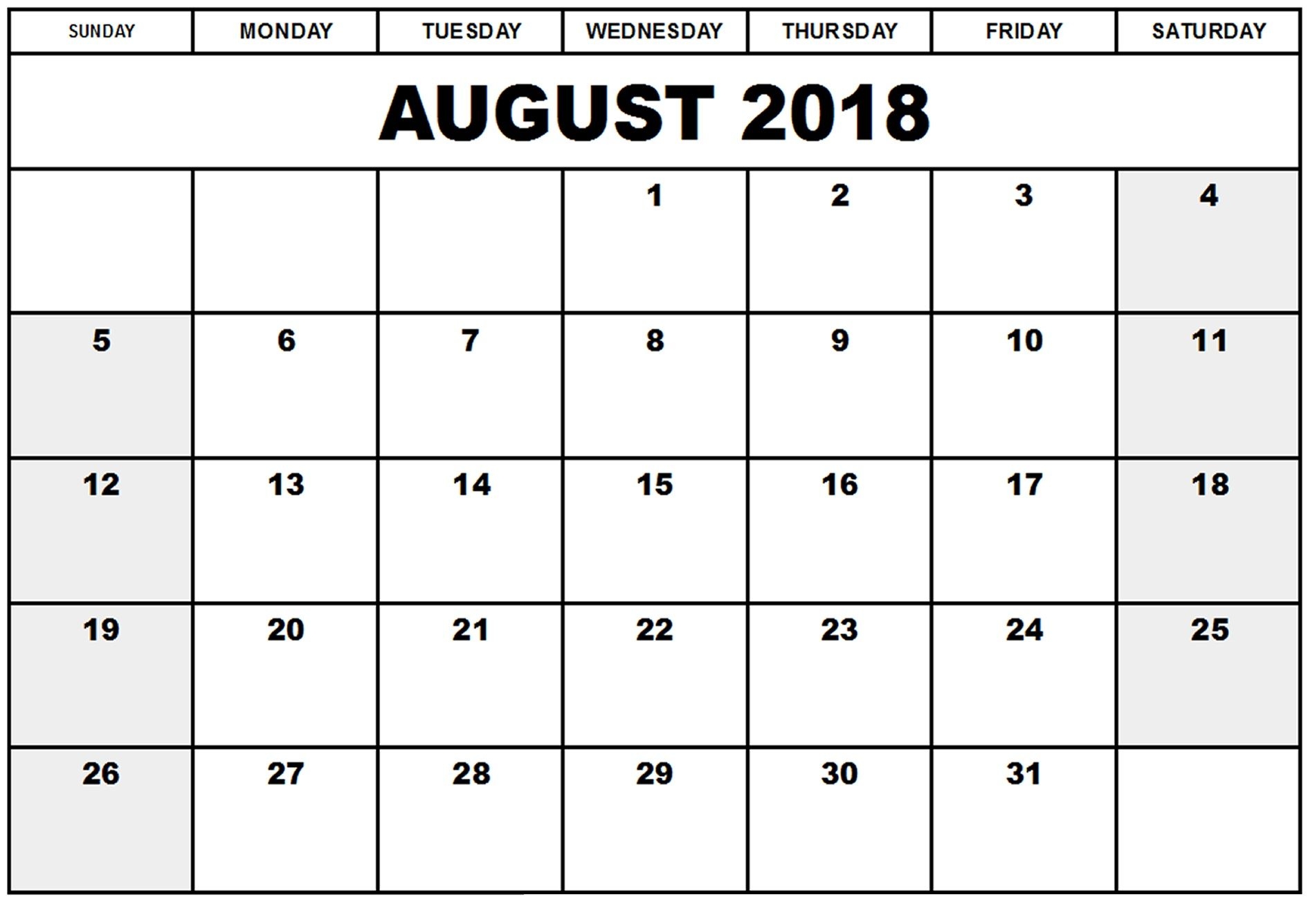 Free August 2018 Calendar In Printable Format Templates