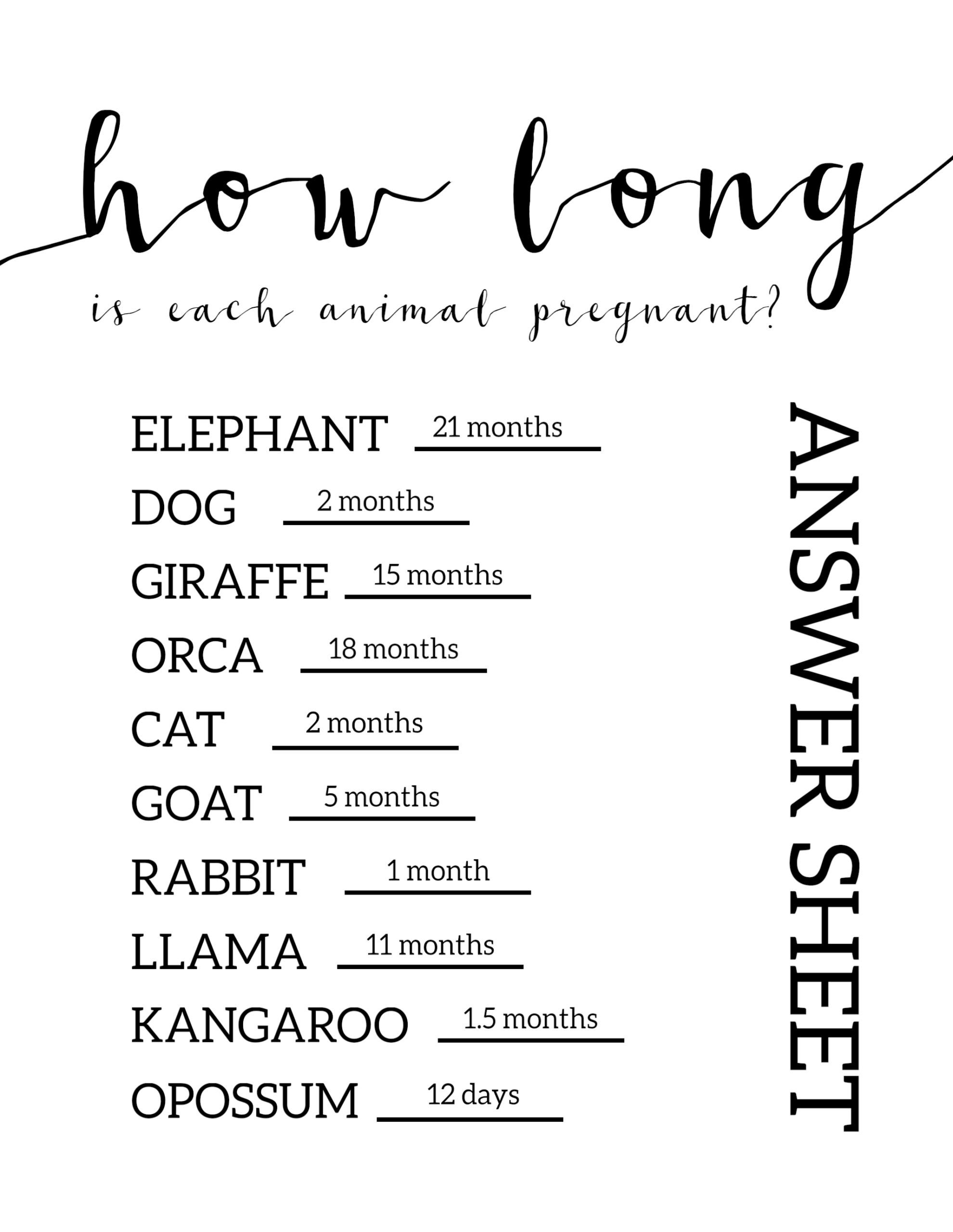 Free Baby Shower Games Printable {Animal Pregnancies