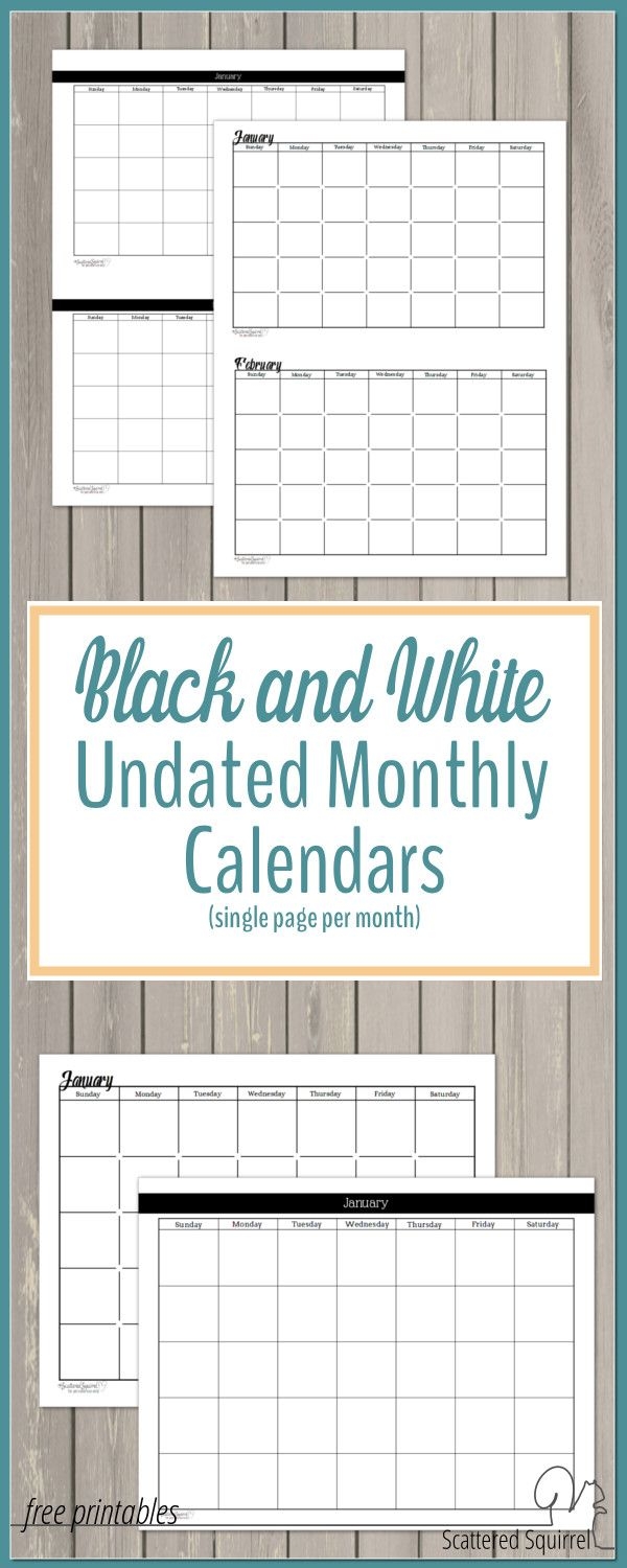 Free Black And White Undated Monthly Calendar Printables
