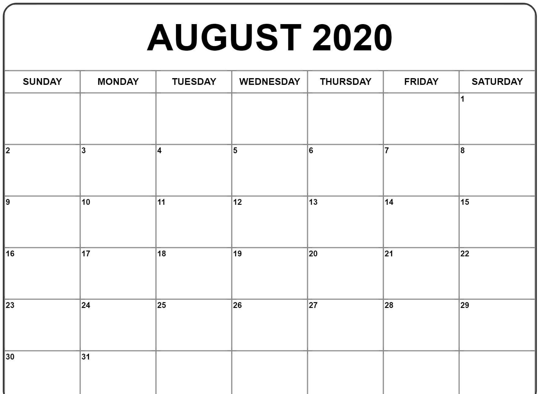 Free Blank August 2020 Calendar Fillable Printable Template