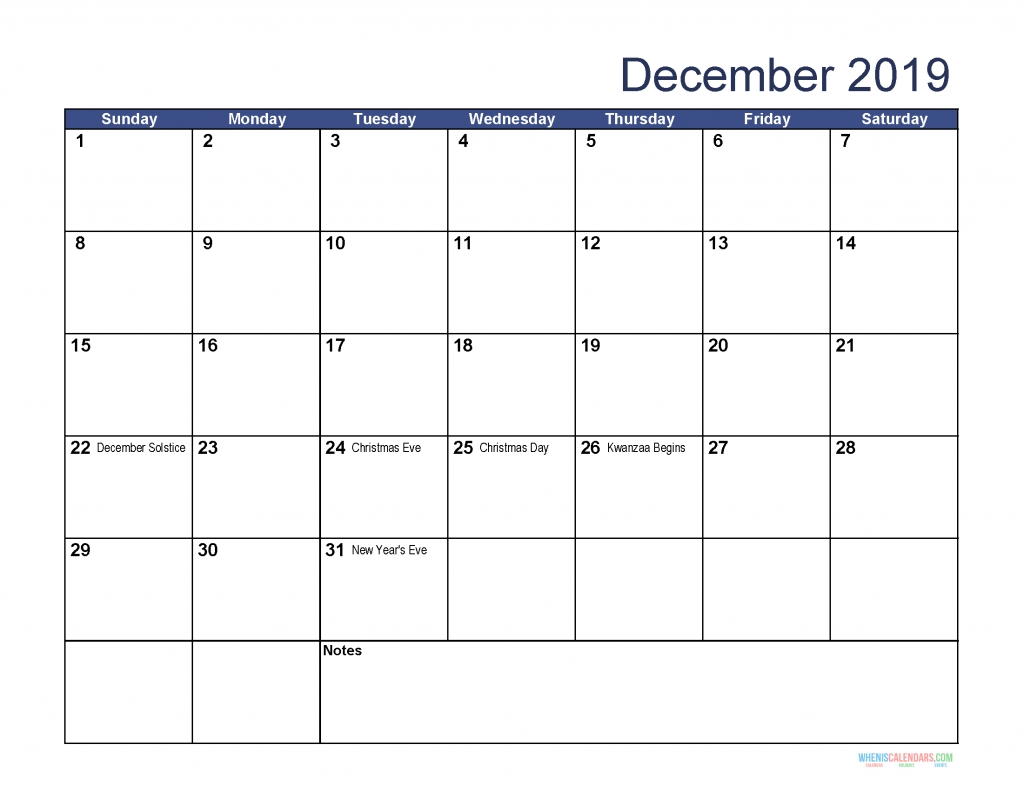 Free Download Printable December 2019 Calendar With Holidays