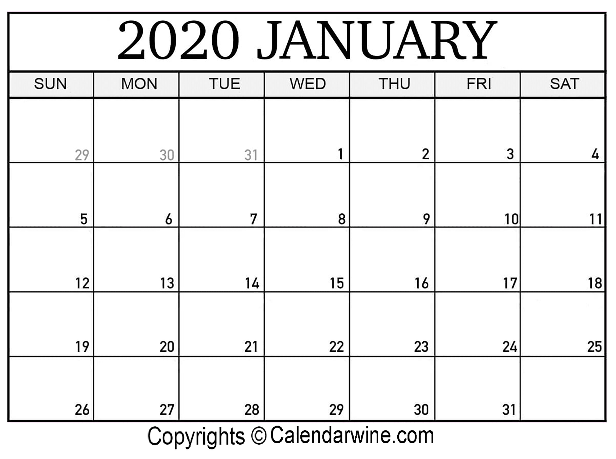 Free January Month Calendar 2020 Printable Template Download