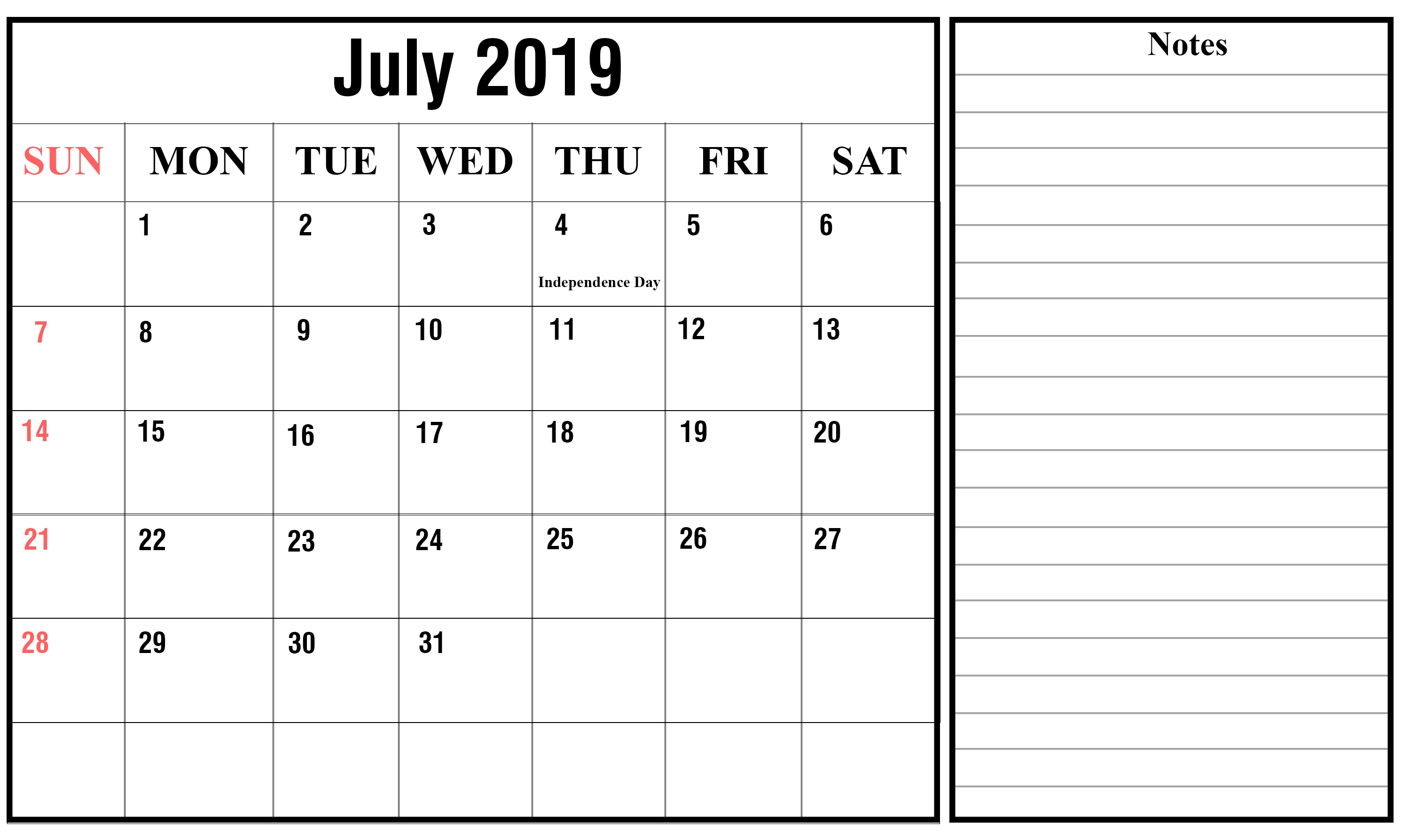 Free July 2019 Calendar Printable Templates Download