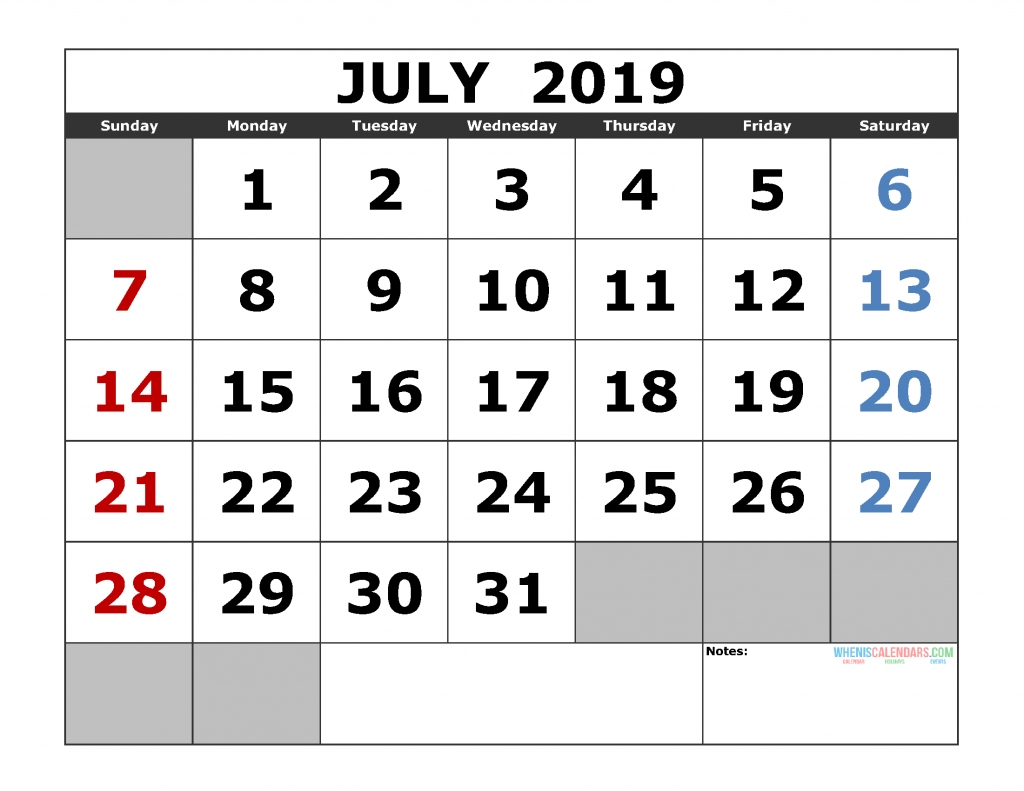 Free July 2019 Printable Calendar Templates [Us. Edition