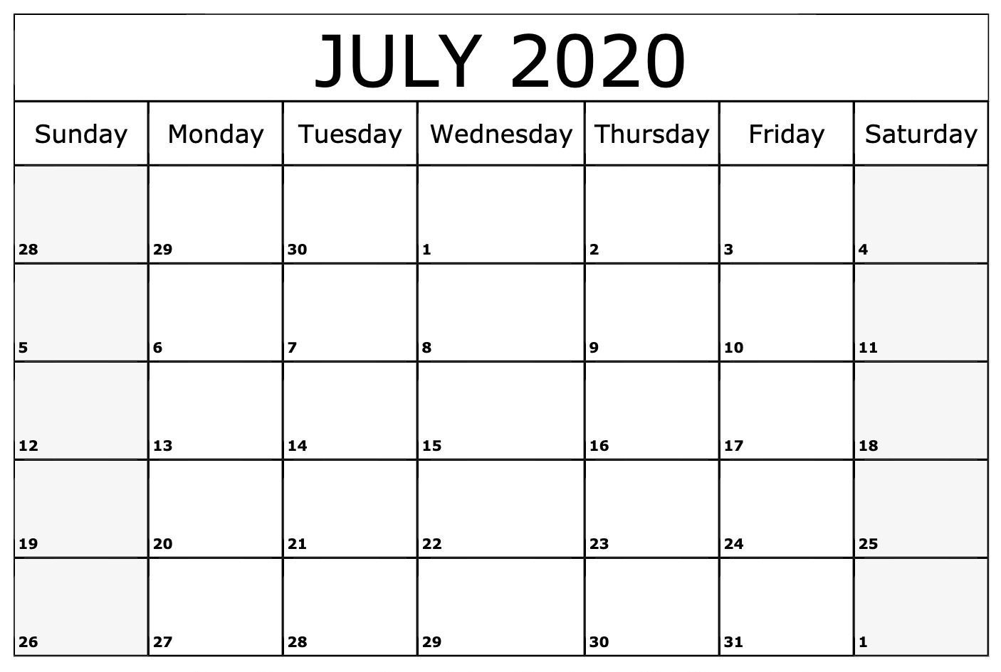 Free Monthly Printable July Calendar 2020 With Blank