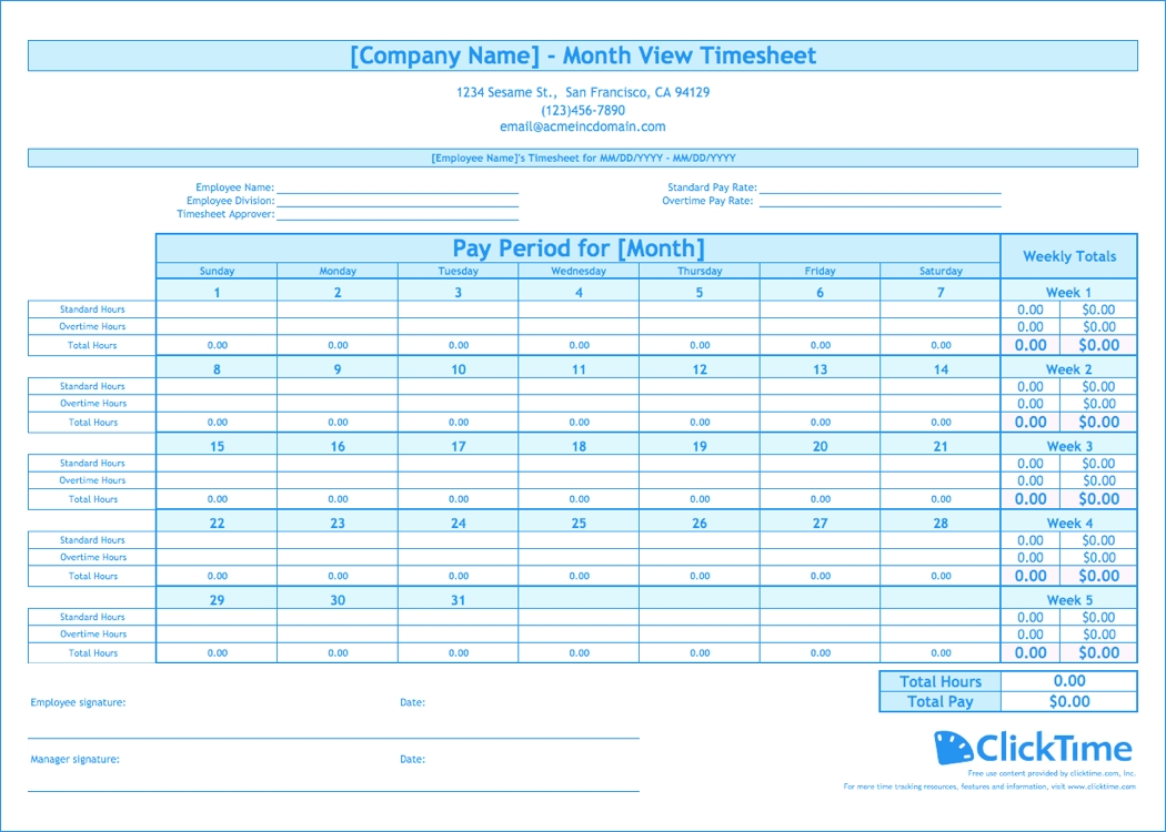 Free Monthly Timesheet Template | Clicktime