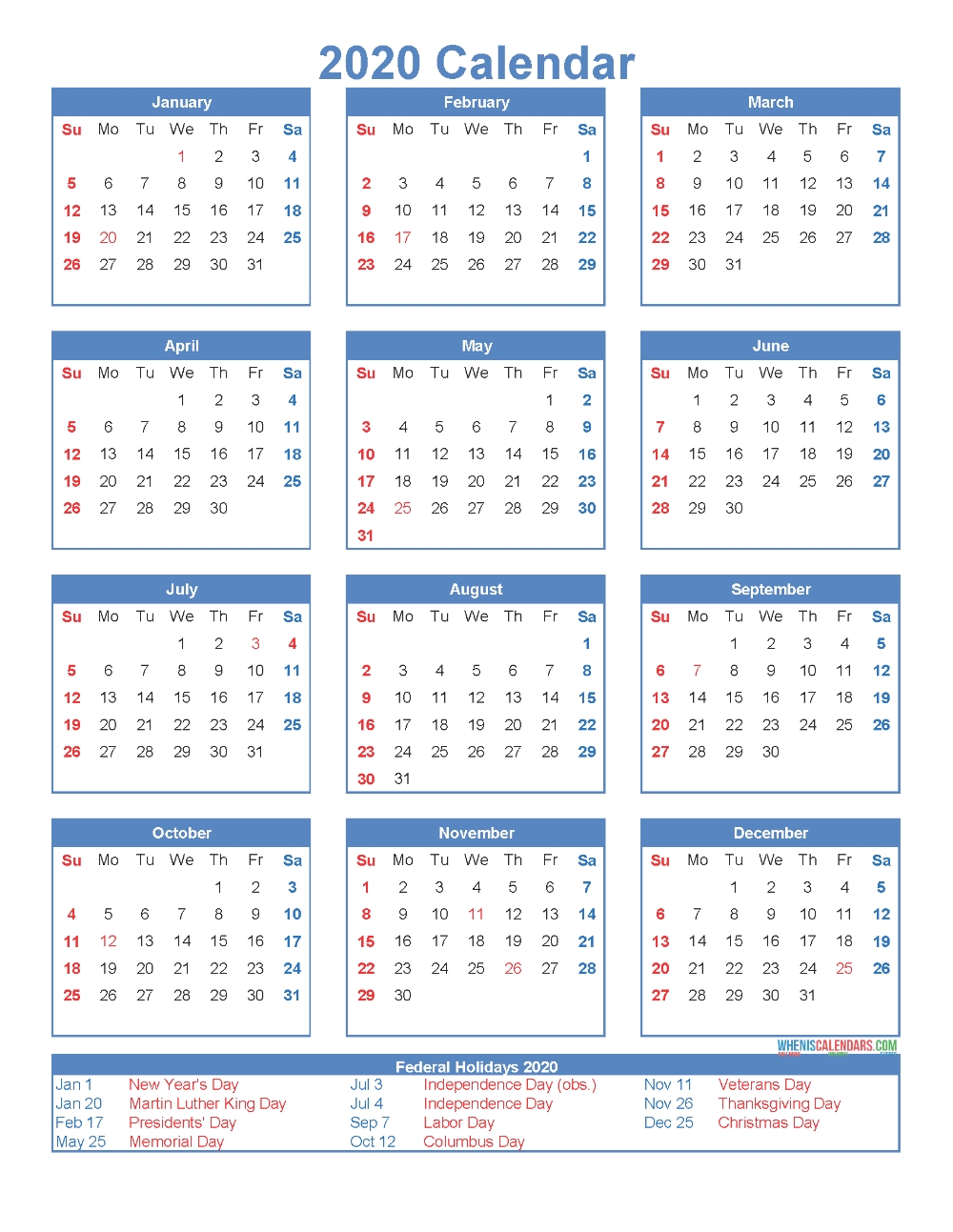 Free Printable 12 Month Calendar 2020 With Holidays (With