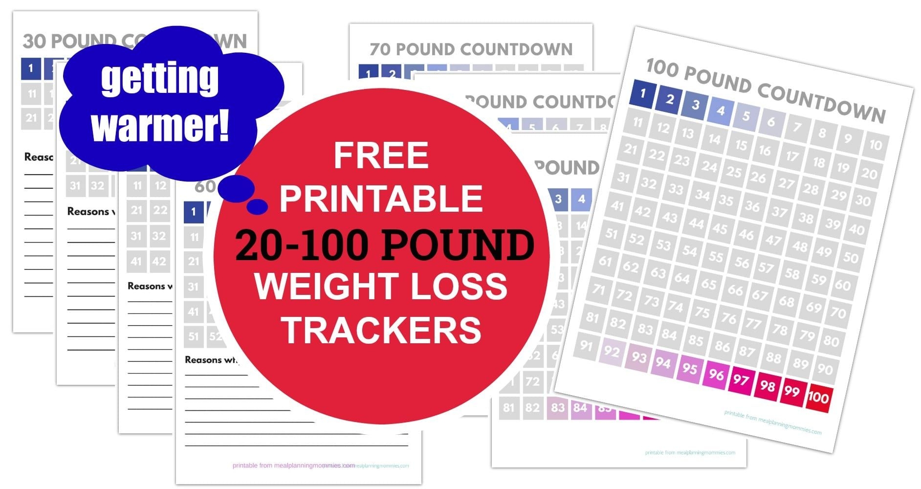 Free Printable 20-100 Pound Weight Loss Trackers - Meal