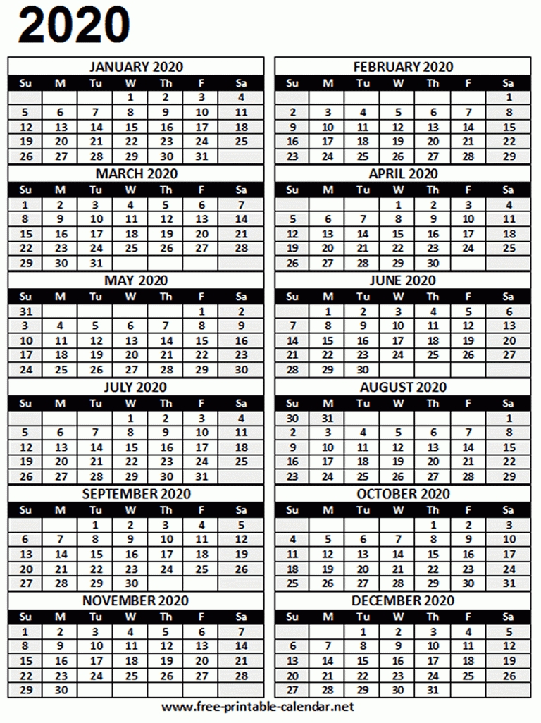 Free Printable 2020 Calendar