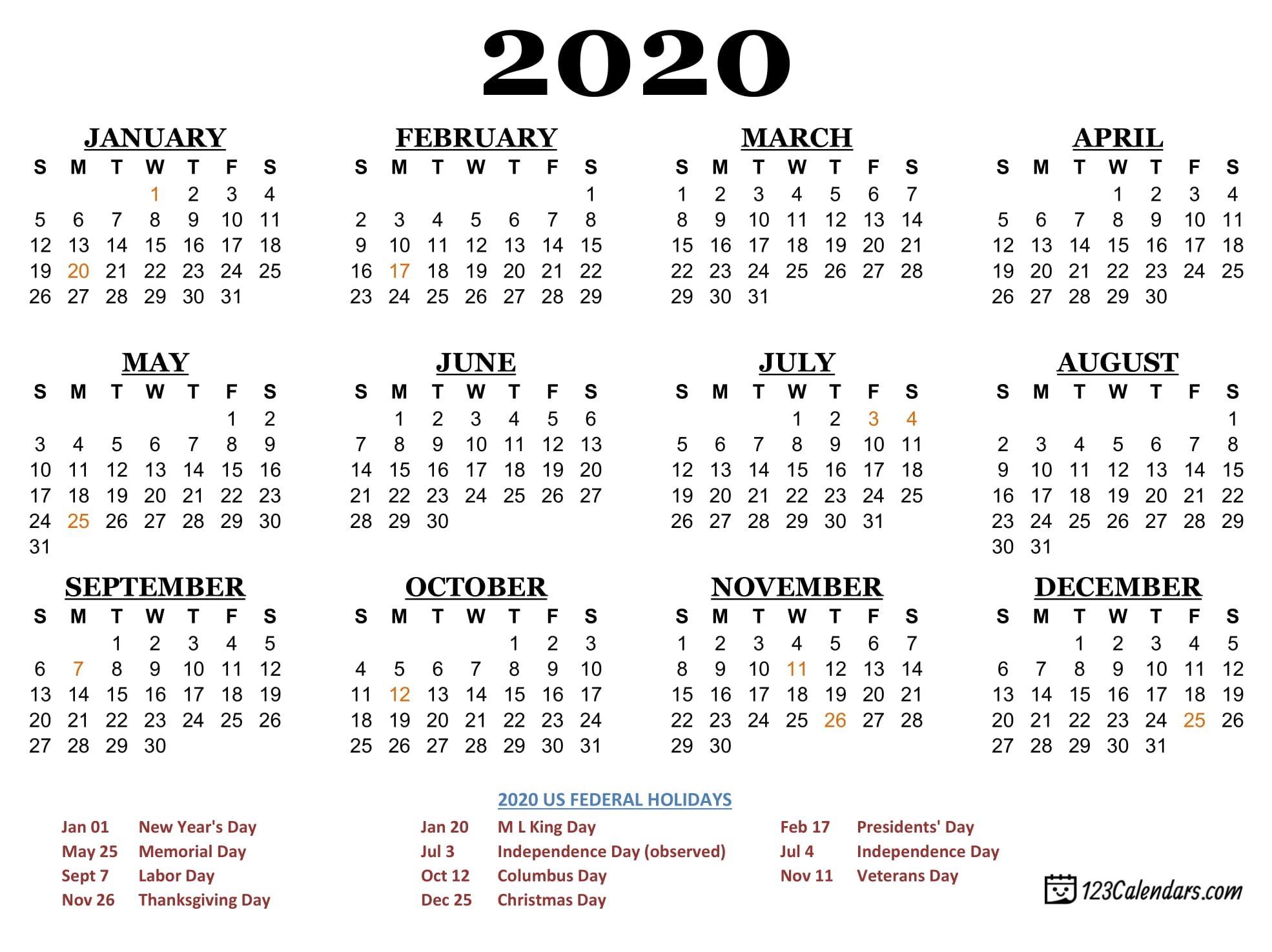 Free Printable 2020 Calendar | 123Calendars