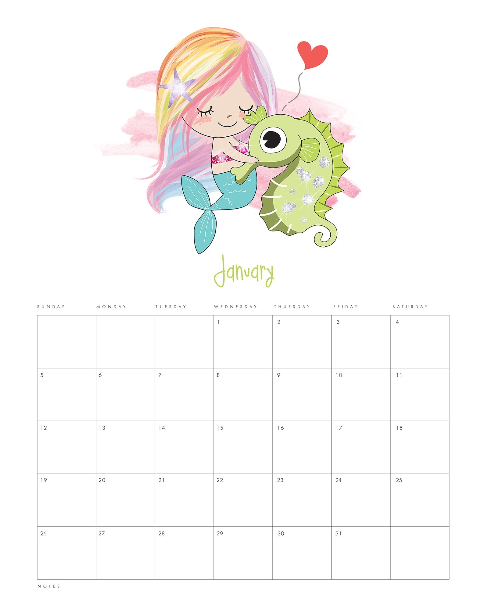 Free Printable 2020 Kawaii Mermaid Calendar - The Cottage Market
