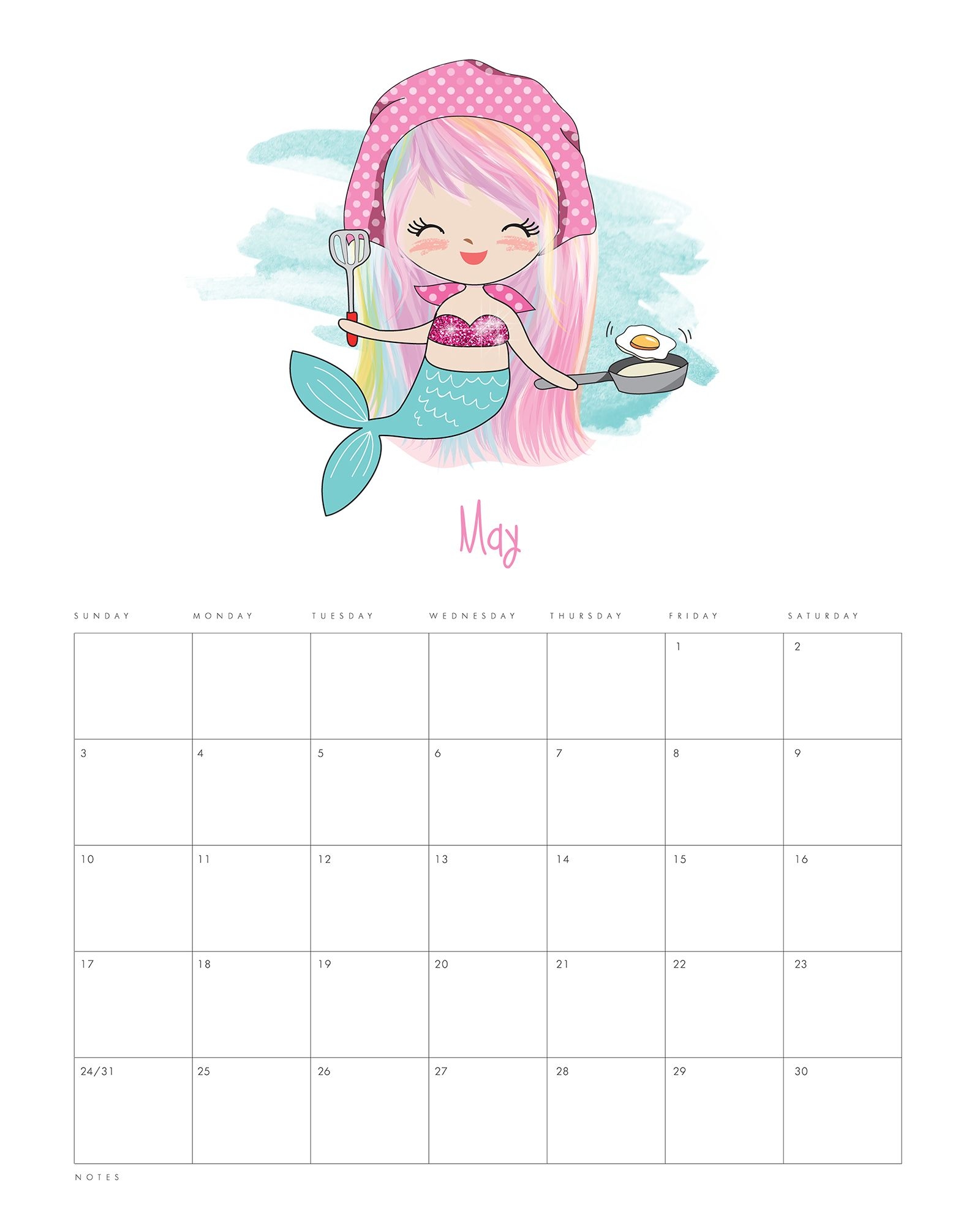 Free Printable 2020 Kawaii Mermaid Calendar - The Cottage Market