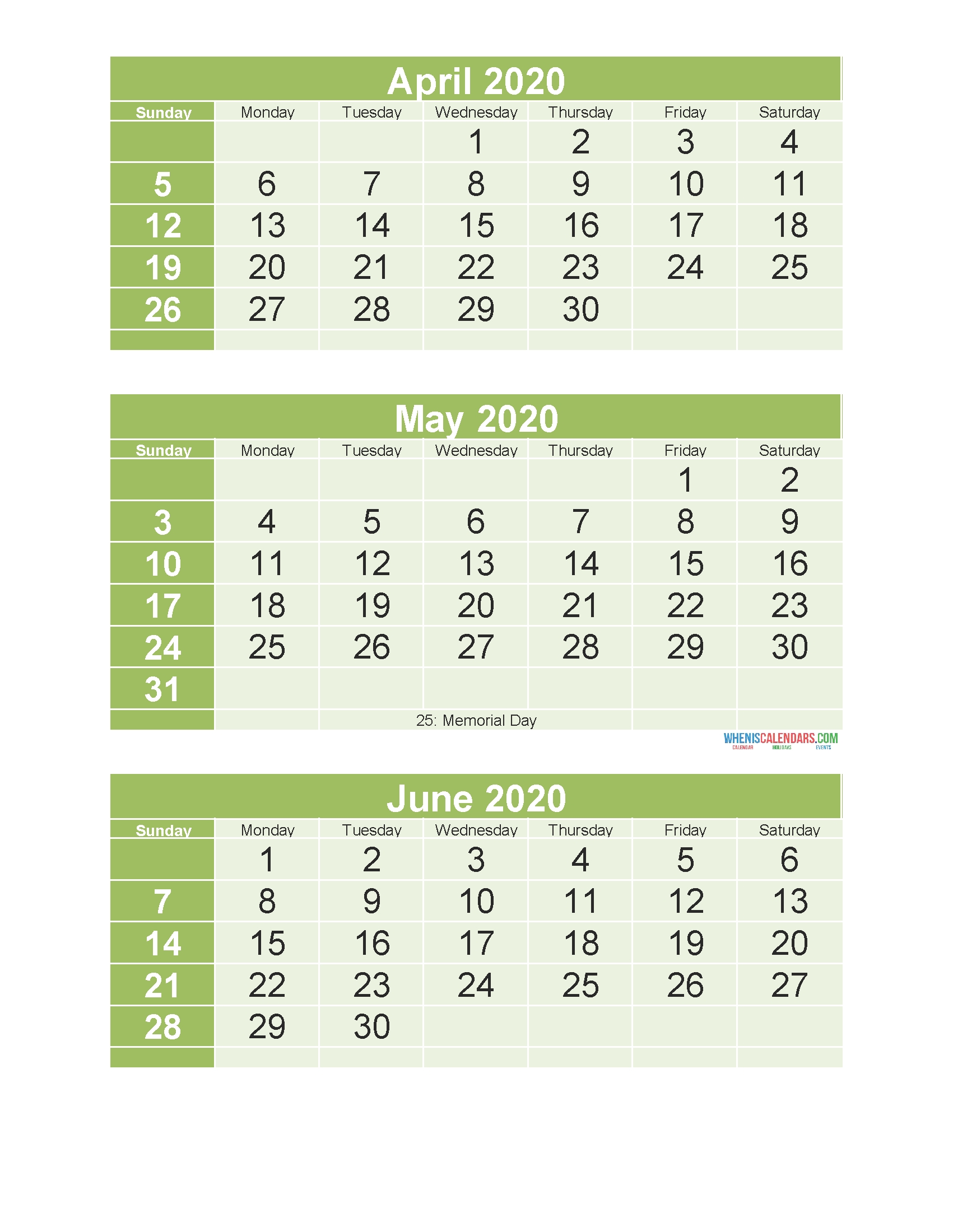 Free Printable 3 Month Calendar 2020 April May June | Free
