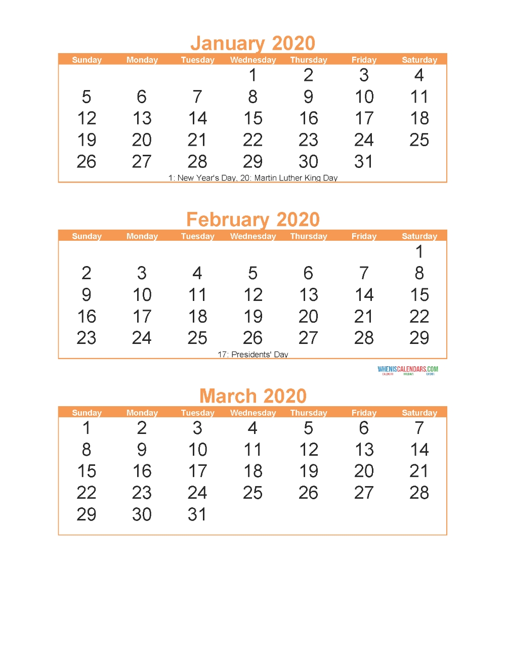 Free Printable 3 Month Calendar 2020 January February March