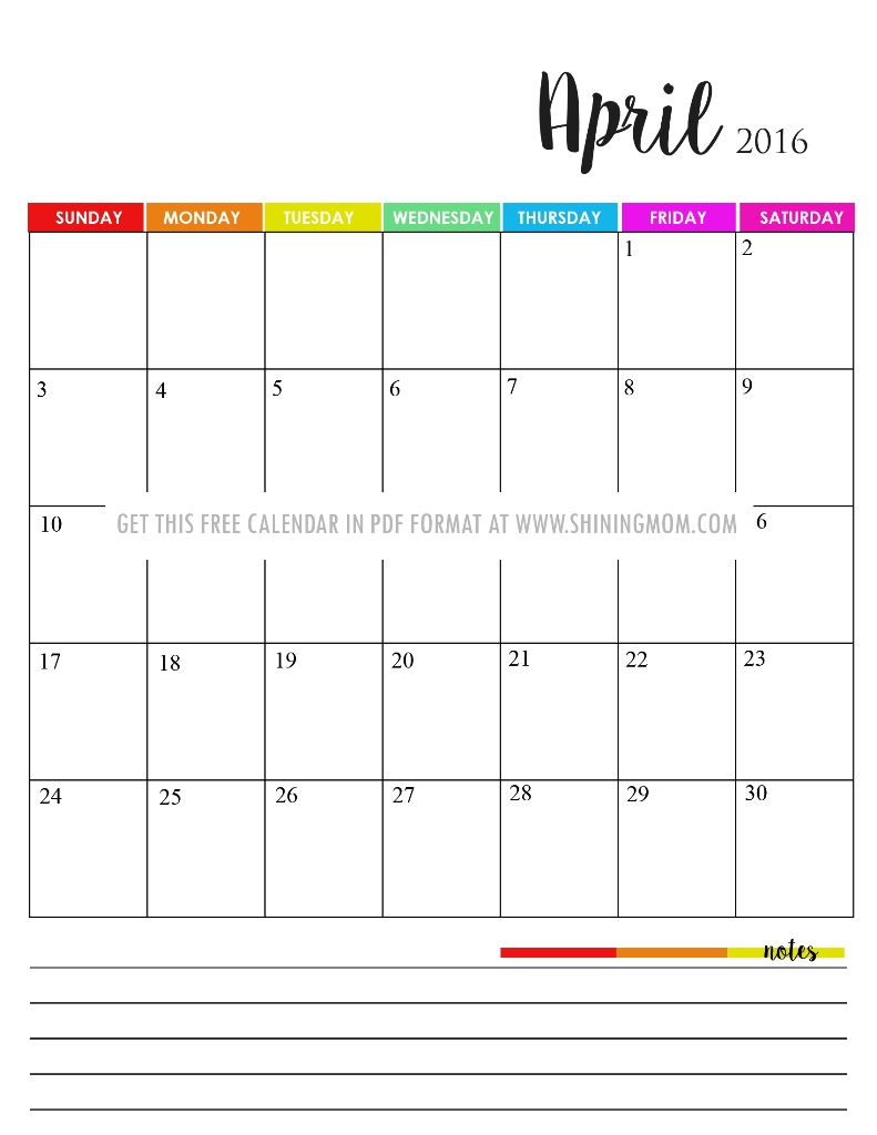 Free Printable April 2016 Calendars