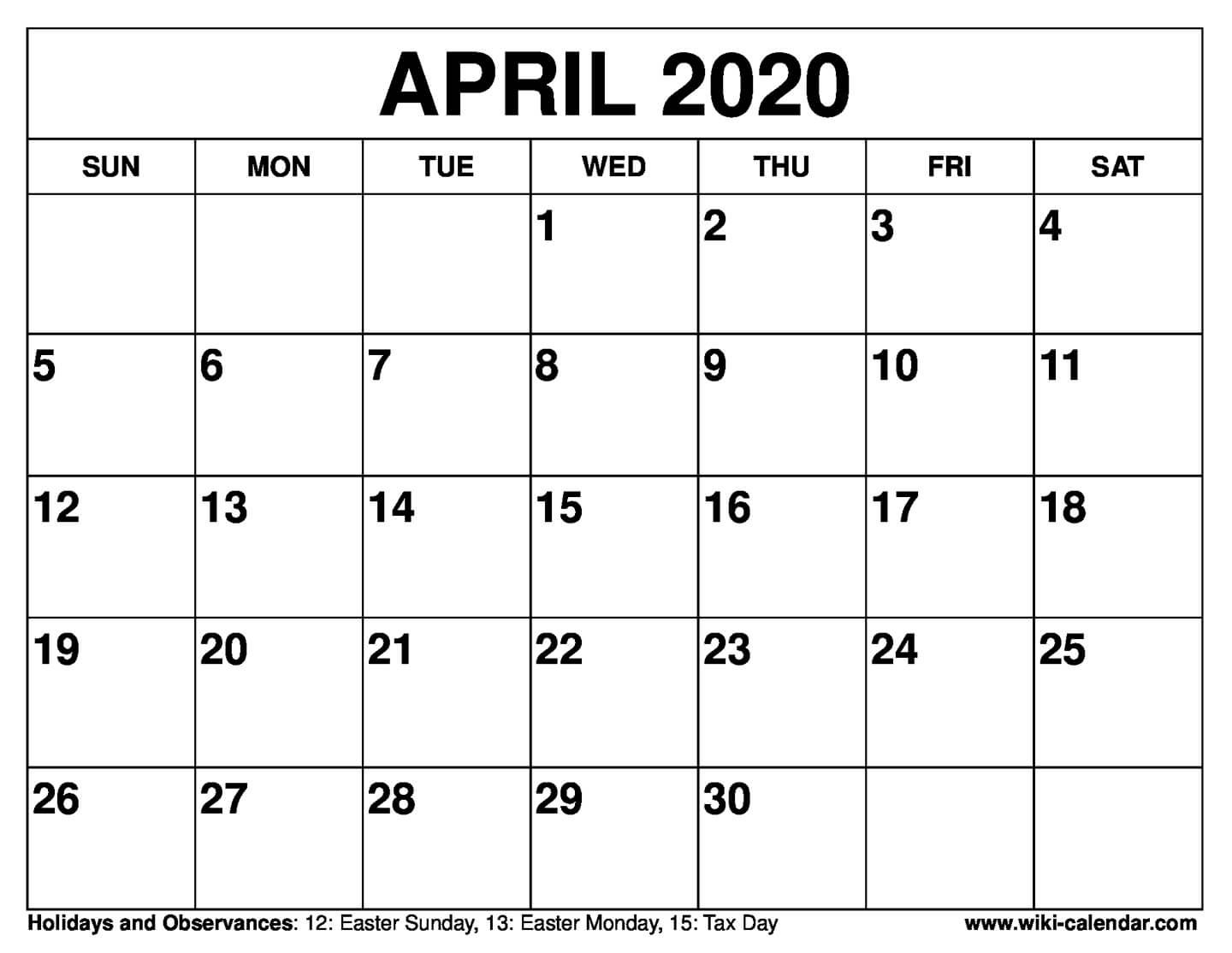 Free Printable April 2020 Calendars