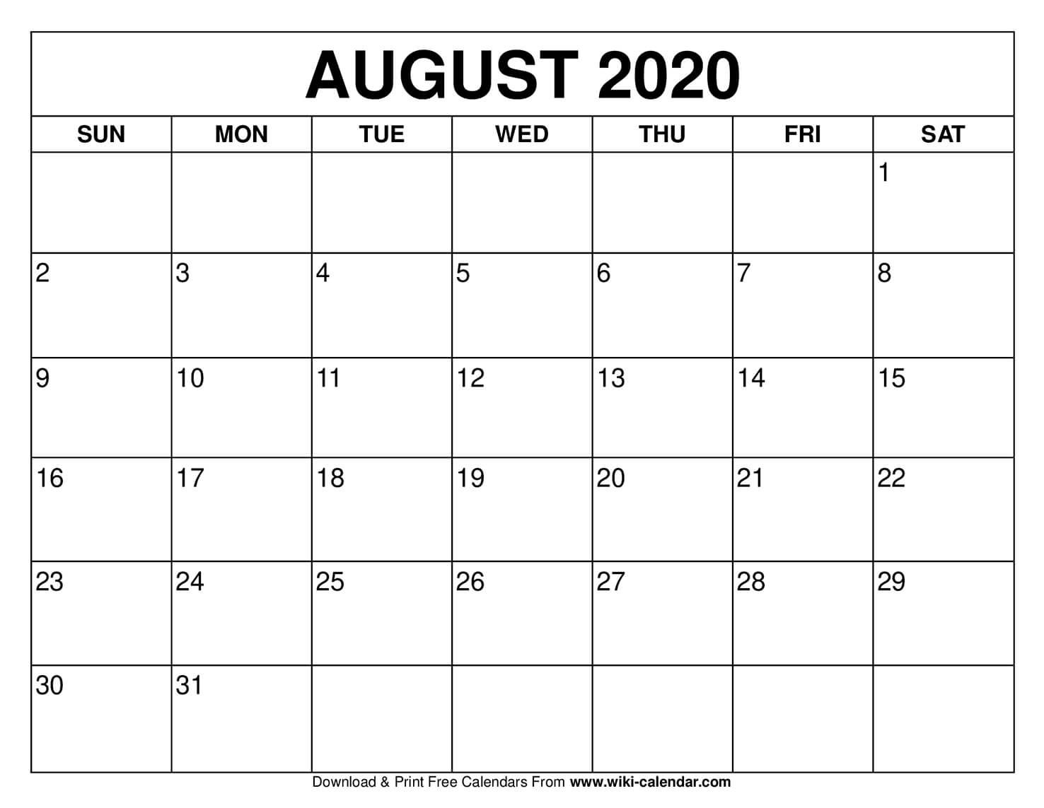 Free Printable August 2020 Calendars