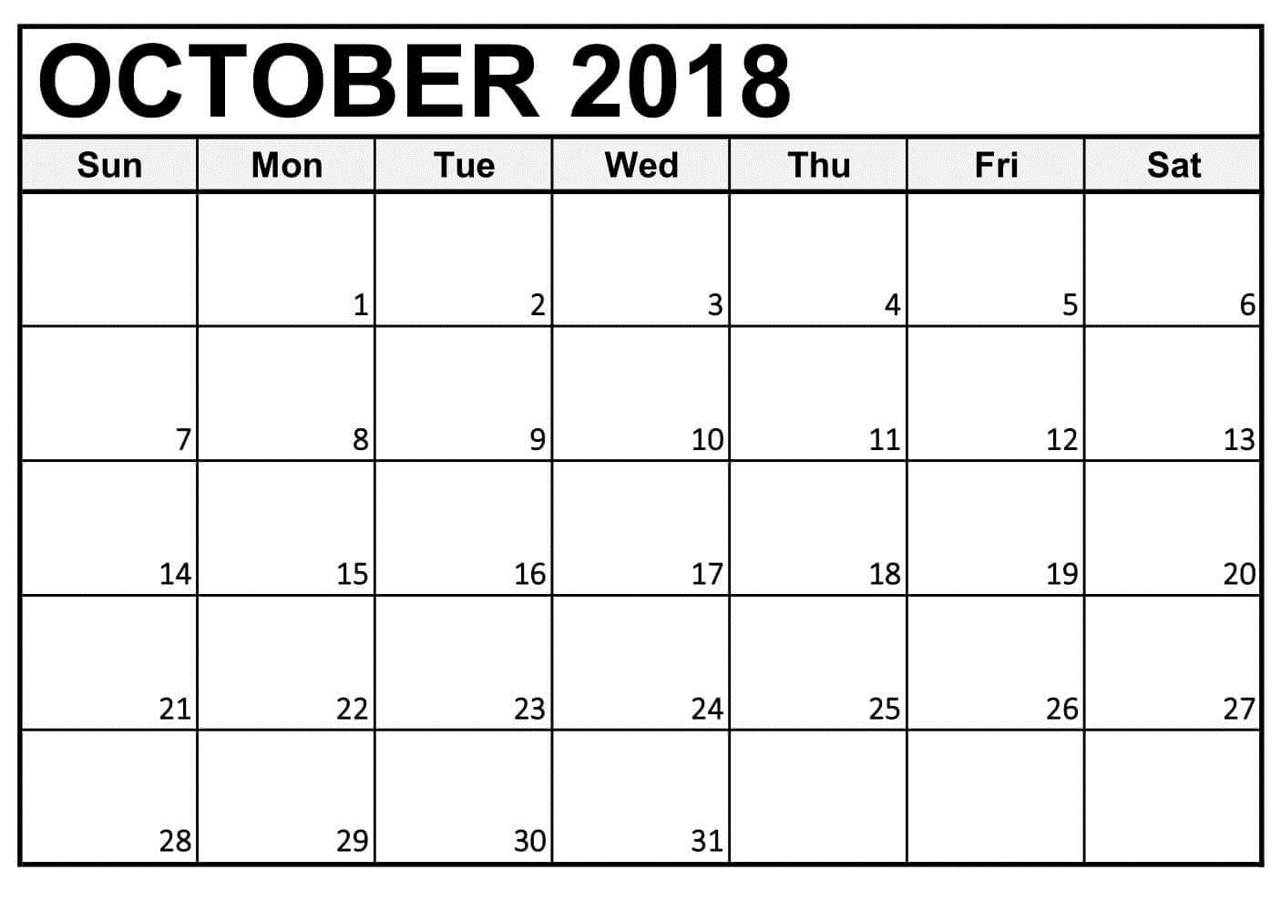 Free Printable Calendar October 2018 Daily Template (With