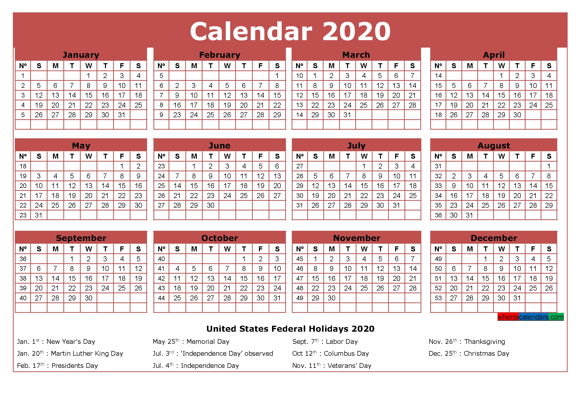 Free Printable Calendar With Holidays 2020 Word, Pdf | Free