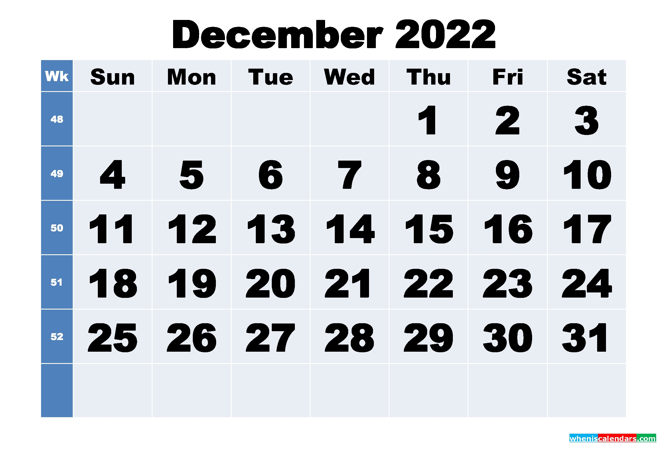 Free Printable December 2022 Calendar With Week Numbers