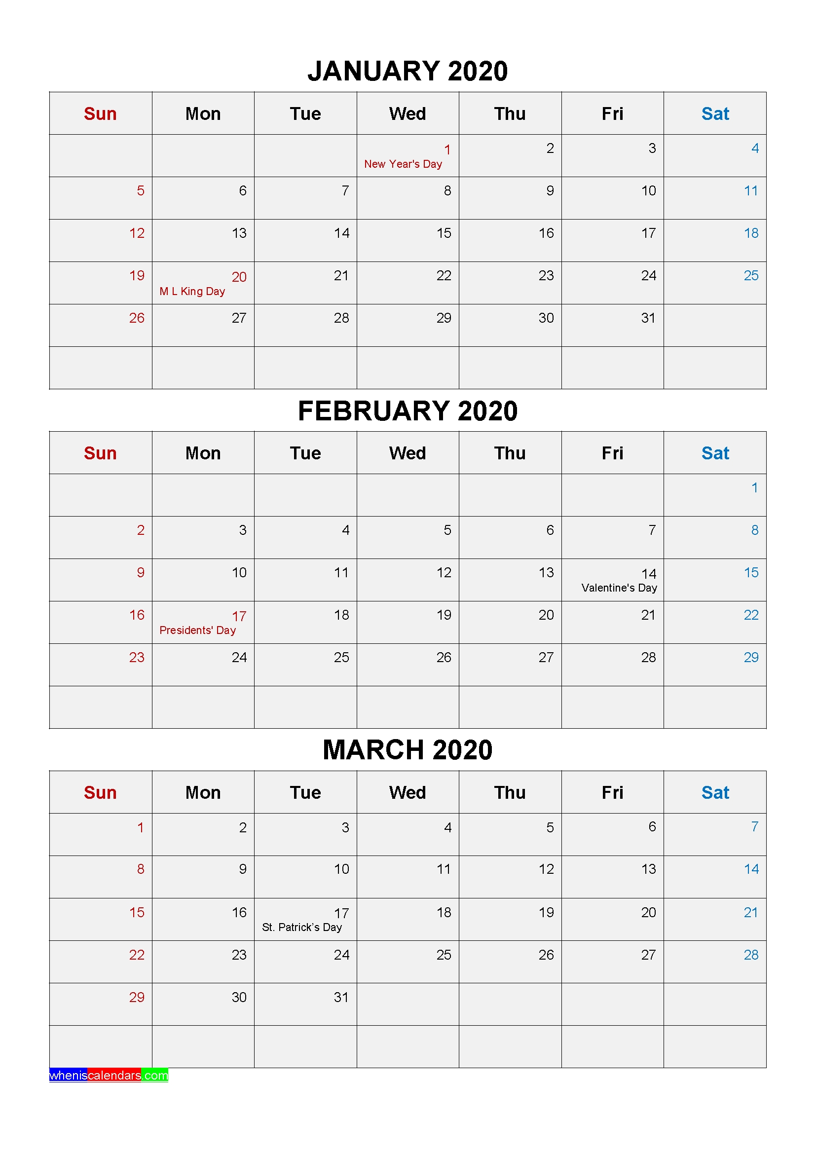 Free Printable January February March 2020 Calendar 3 Months