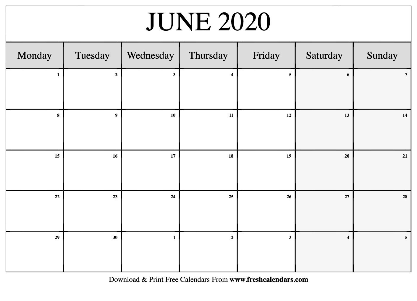 Free Printable June 2020 Calendar