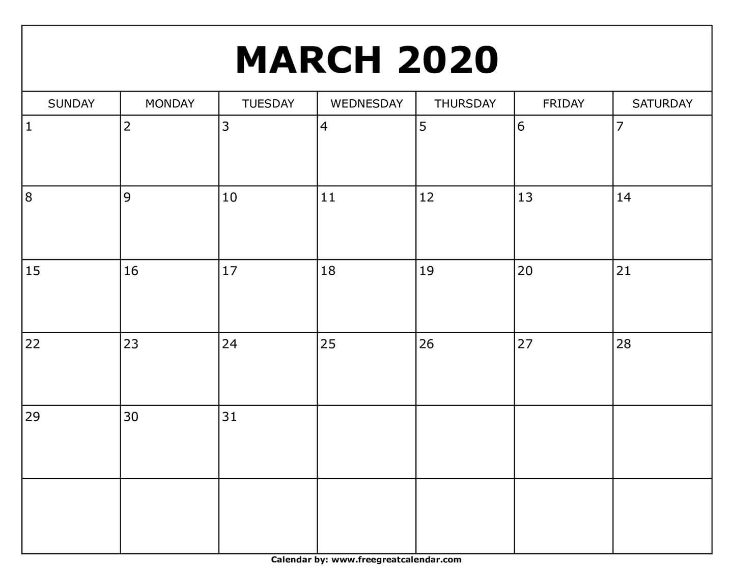 Free Printable March 2020 Calendar