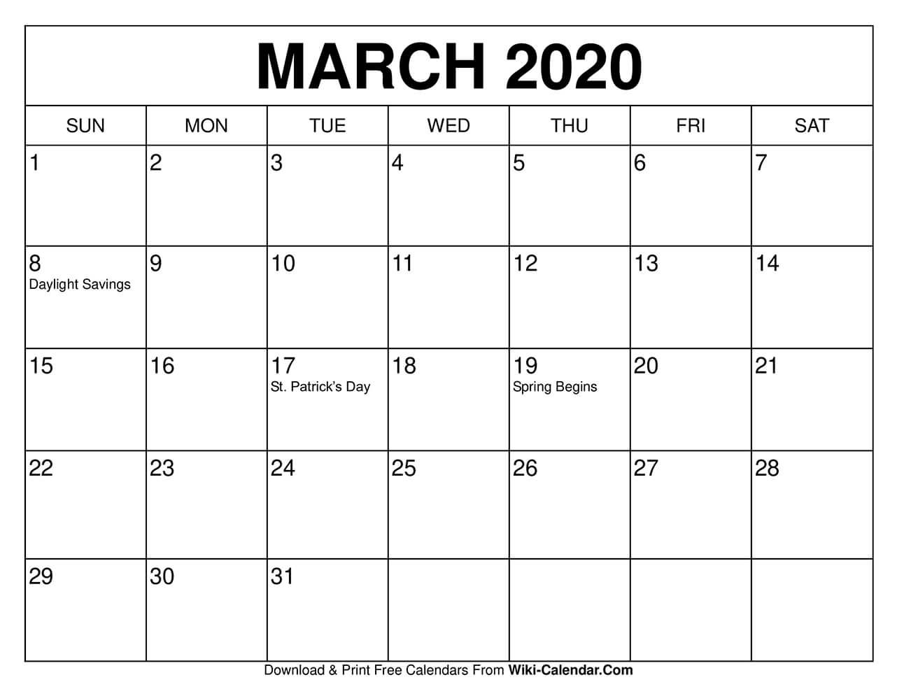 Free Printable March 2020 Calendars