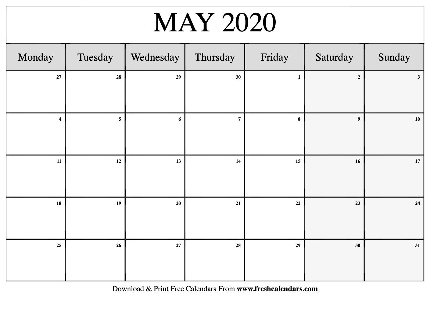 Free Printable May 2020 Calendar