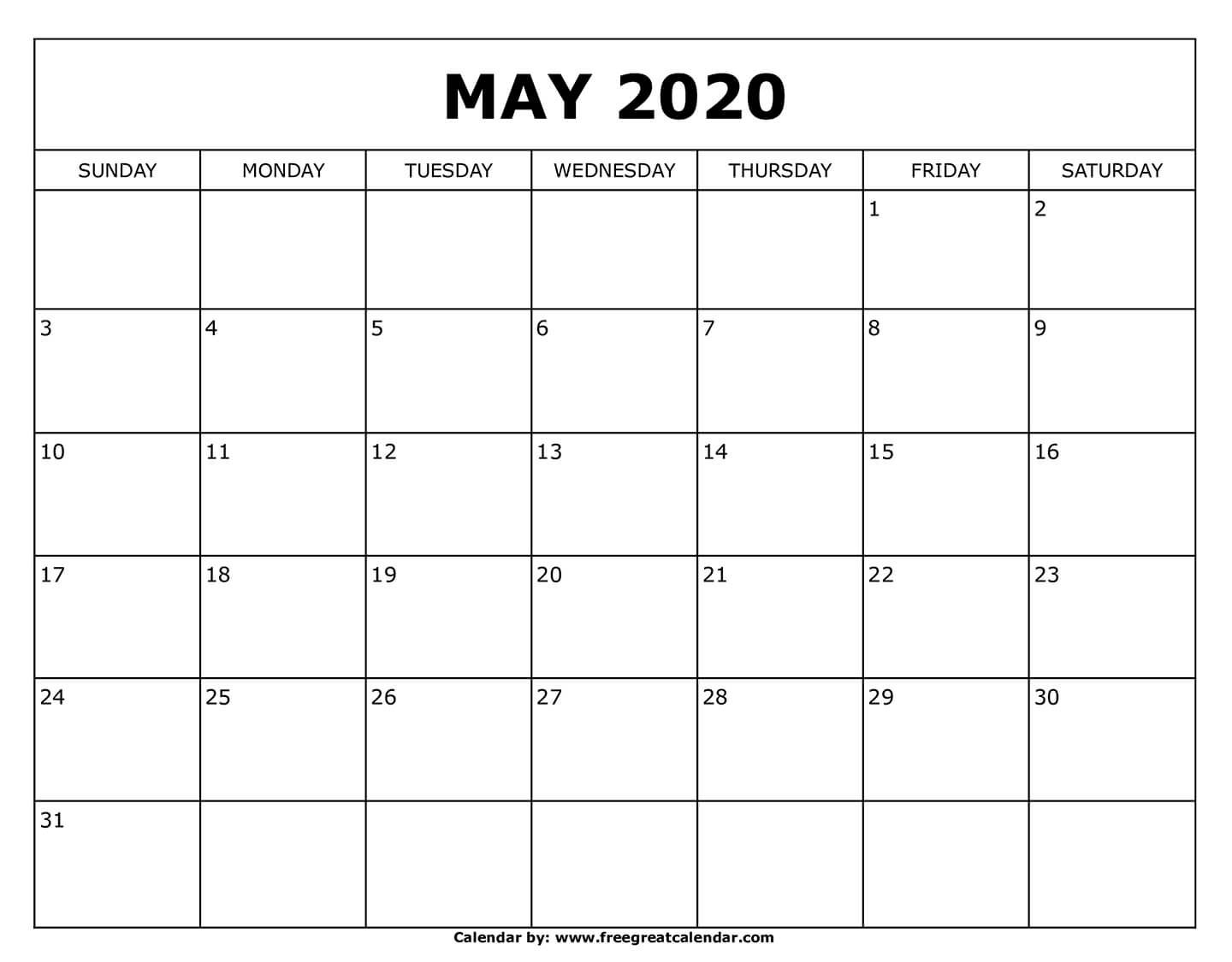 Free Printable May 2020 Calendar