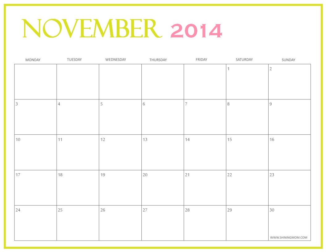 Free Printable November 2014 Calendars By Shining Mom
