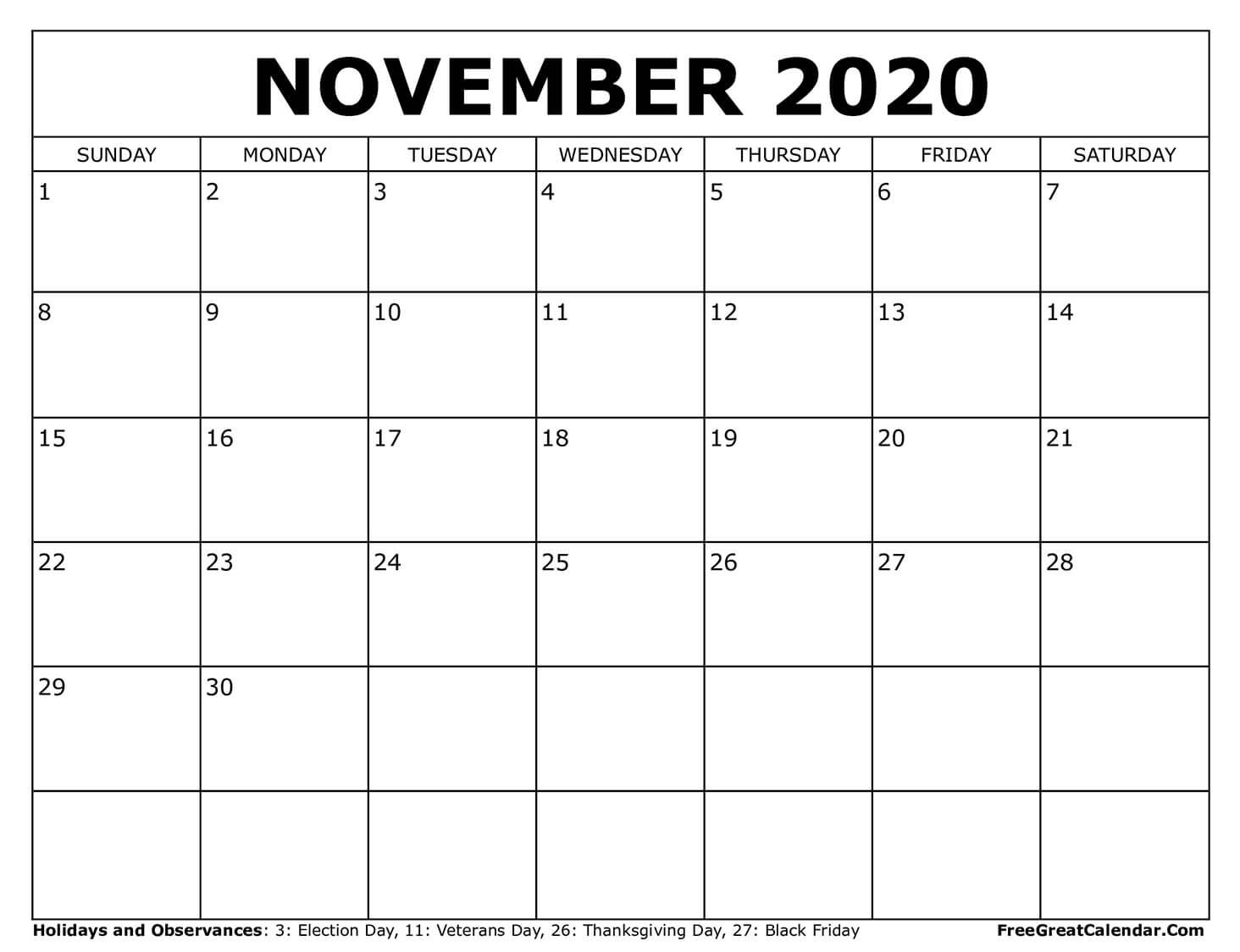 Free Printable November 2020 Calendar