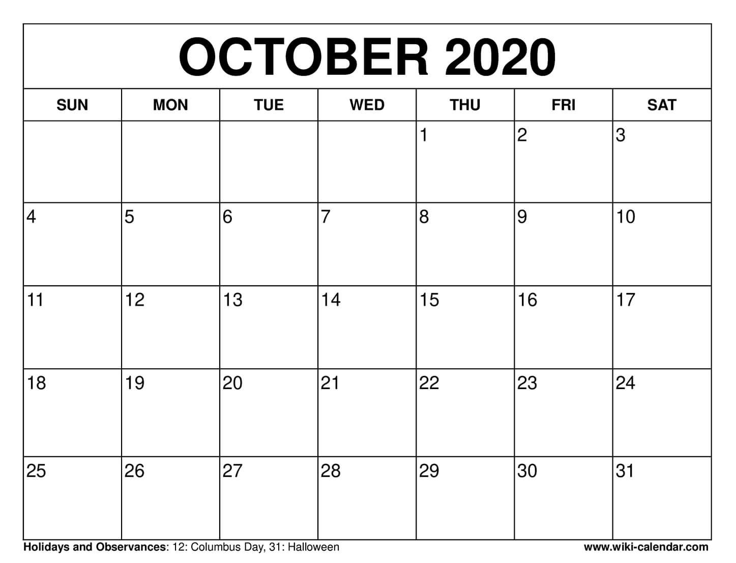 Free Printable October 2020 Calendars