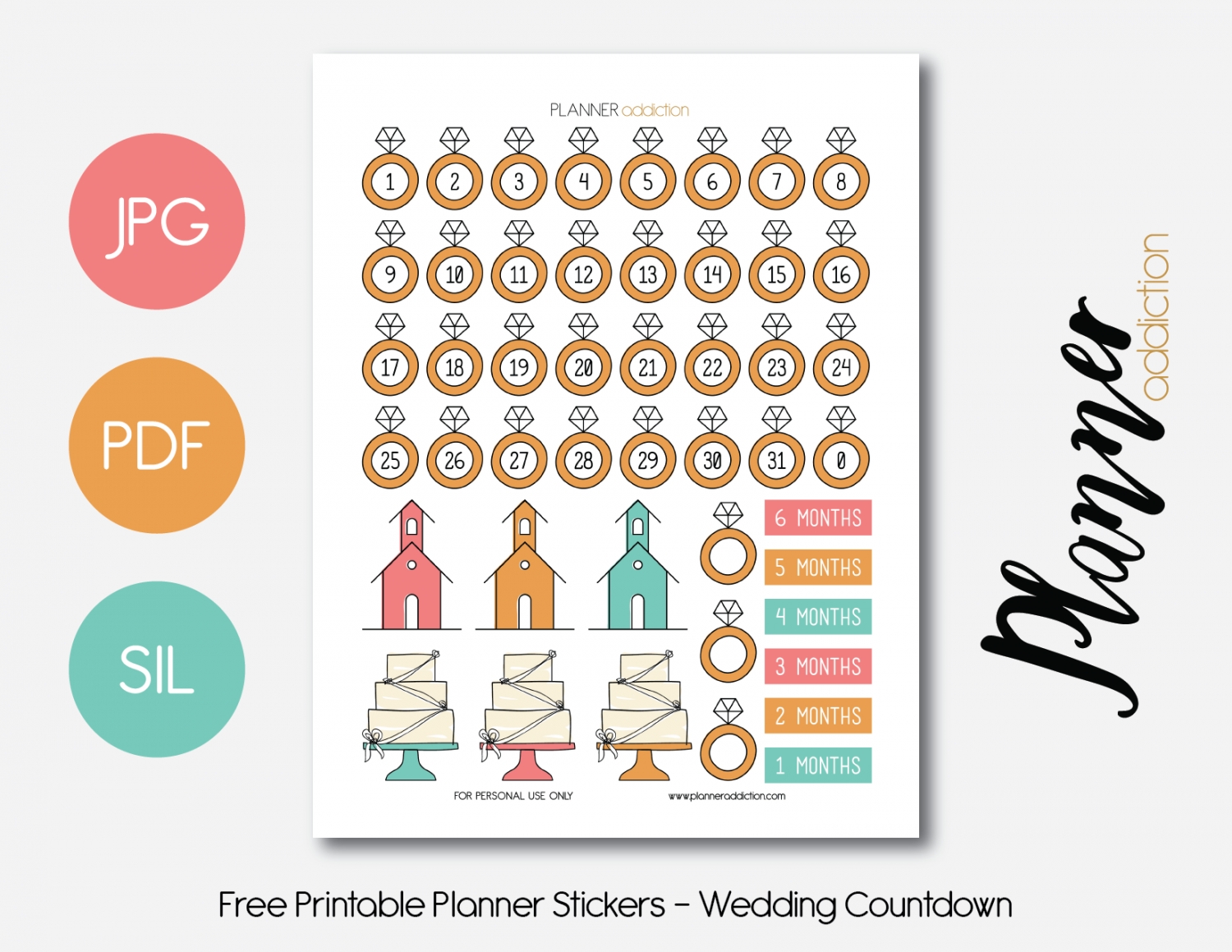 Free Printable Planner Stickers - Wedding Countdown (With