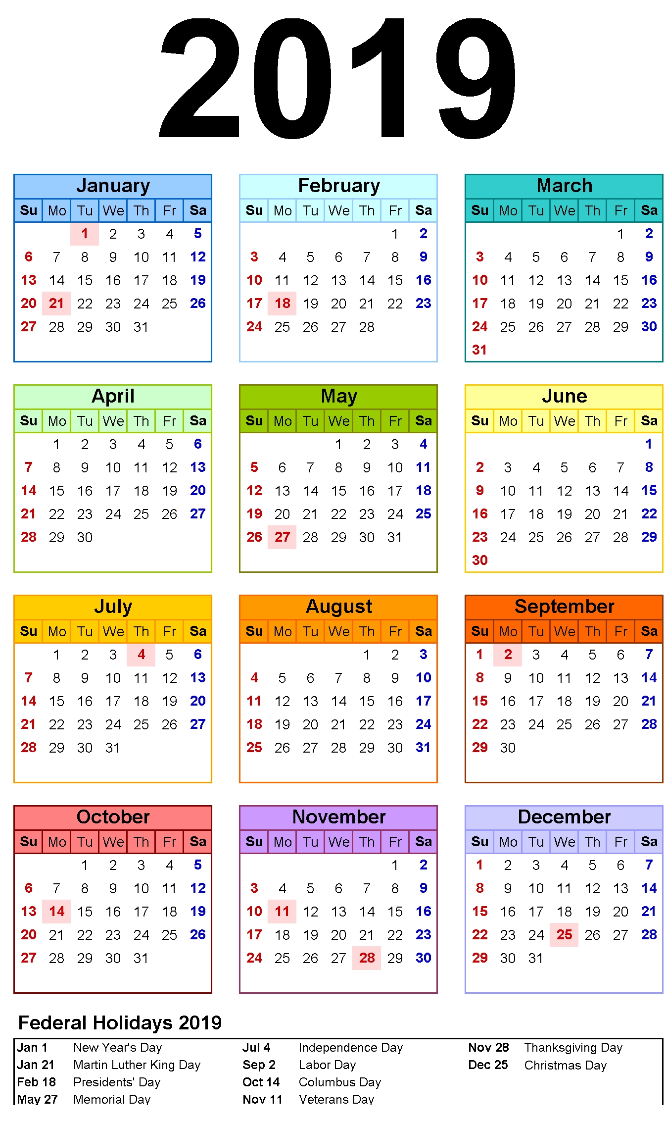 Free Yearly 12 Month Calendar One Page Template Printable