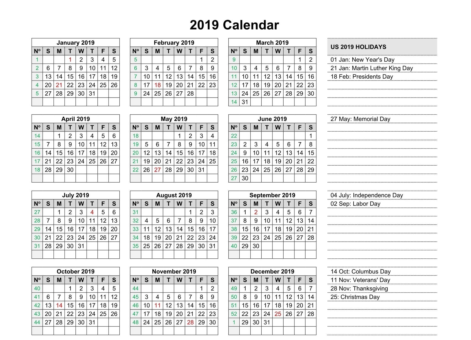 Free Yearly 2019 Calendar Printable Templates Editable (With