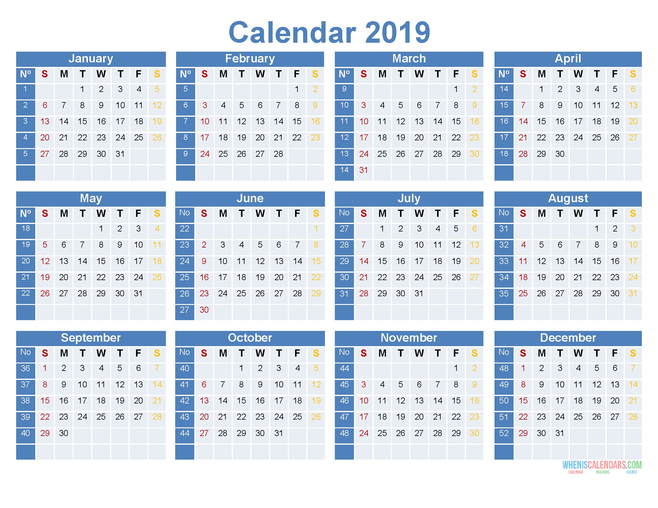 Full Year Calendar 2019 Printable 12 Month On 1 Page [ Us