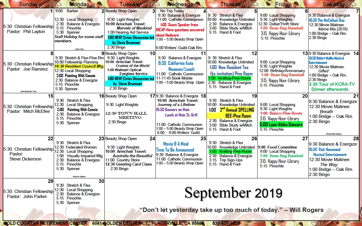 Gold Country Il September Calendar - Gold Country Retirement