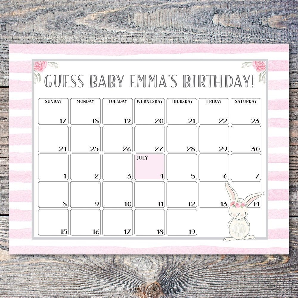Guess The Baby&#039;s Birthday Bunny Calendar For Baby Shower 18 By 24 Inch  Poster / Bunny Due Date Poster For Baby Shower