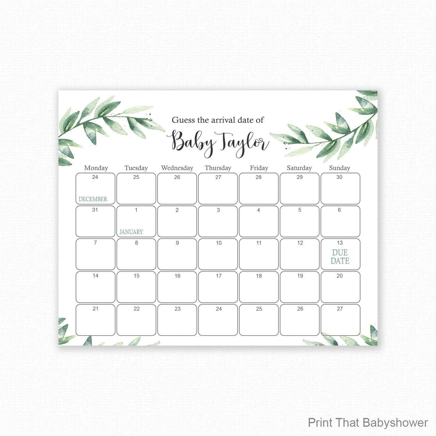 Guess The Due Date - Botanical Baby Shower Games - Baby