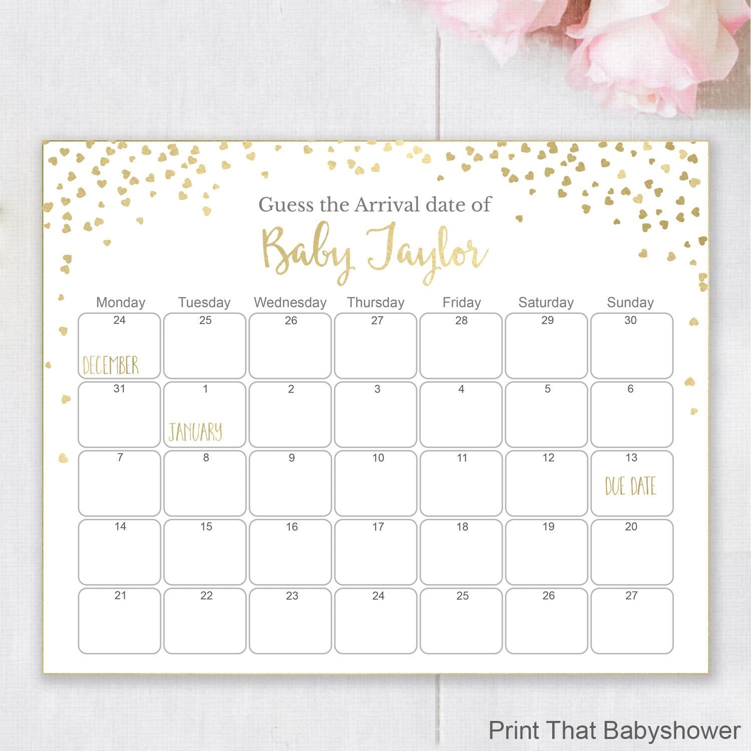 Guess The Due Date - Gold Baby Shower Games - Baby Shower