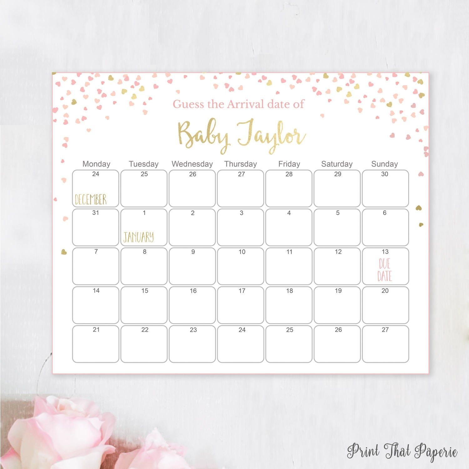Guess The Due Date - Pink Baby Shower Games - Baby Shower Birthday  Prediction, Printable Baby Shower Due Date Calendar, Pink And Gold Hearts
