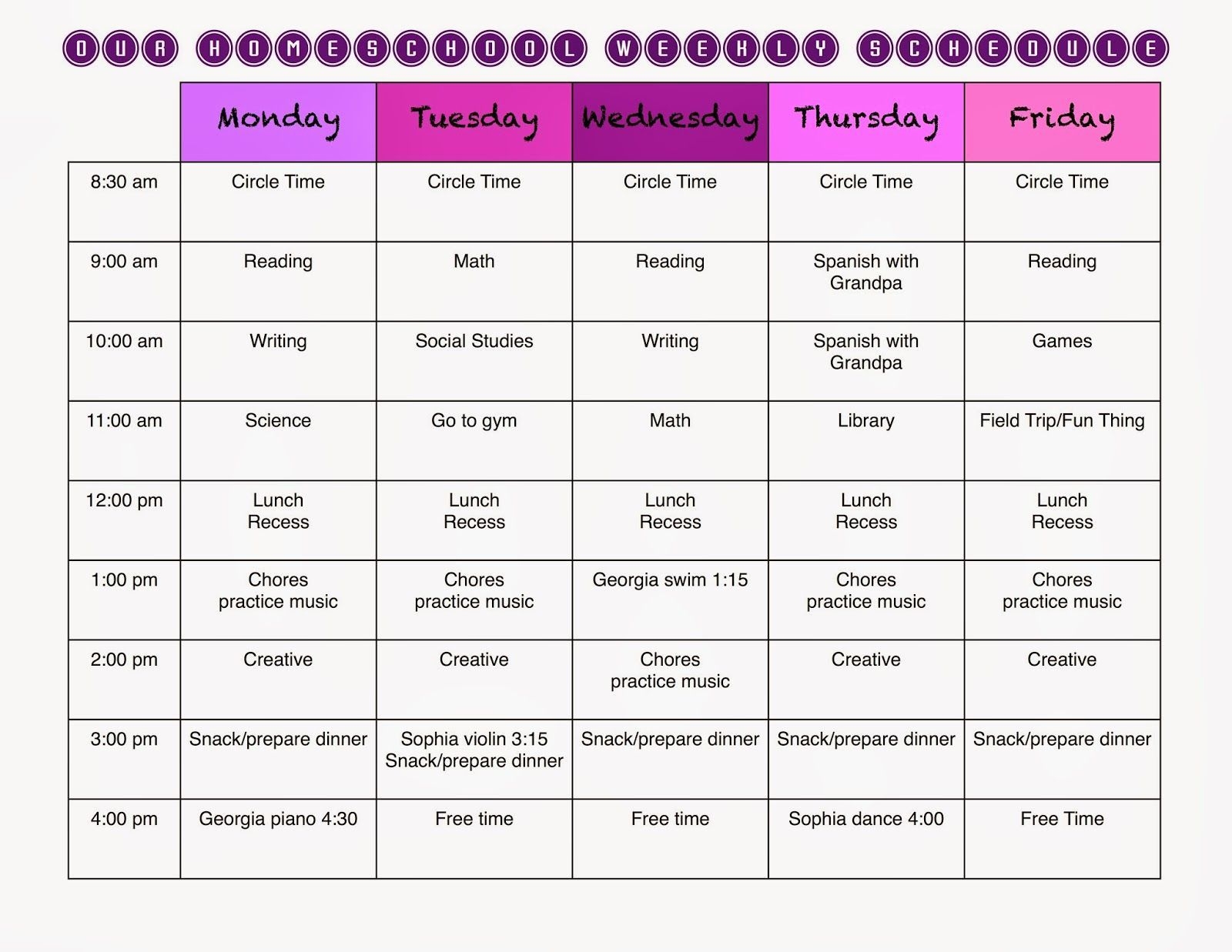 middle school teacher daily schedule example