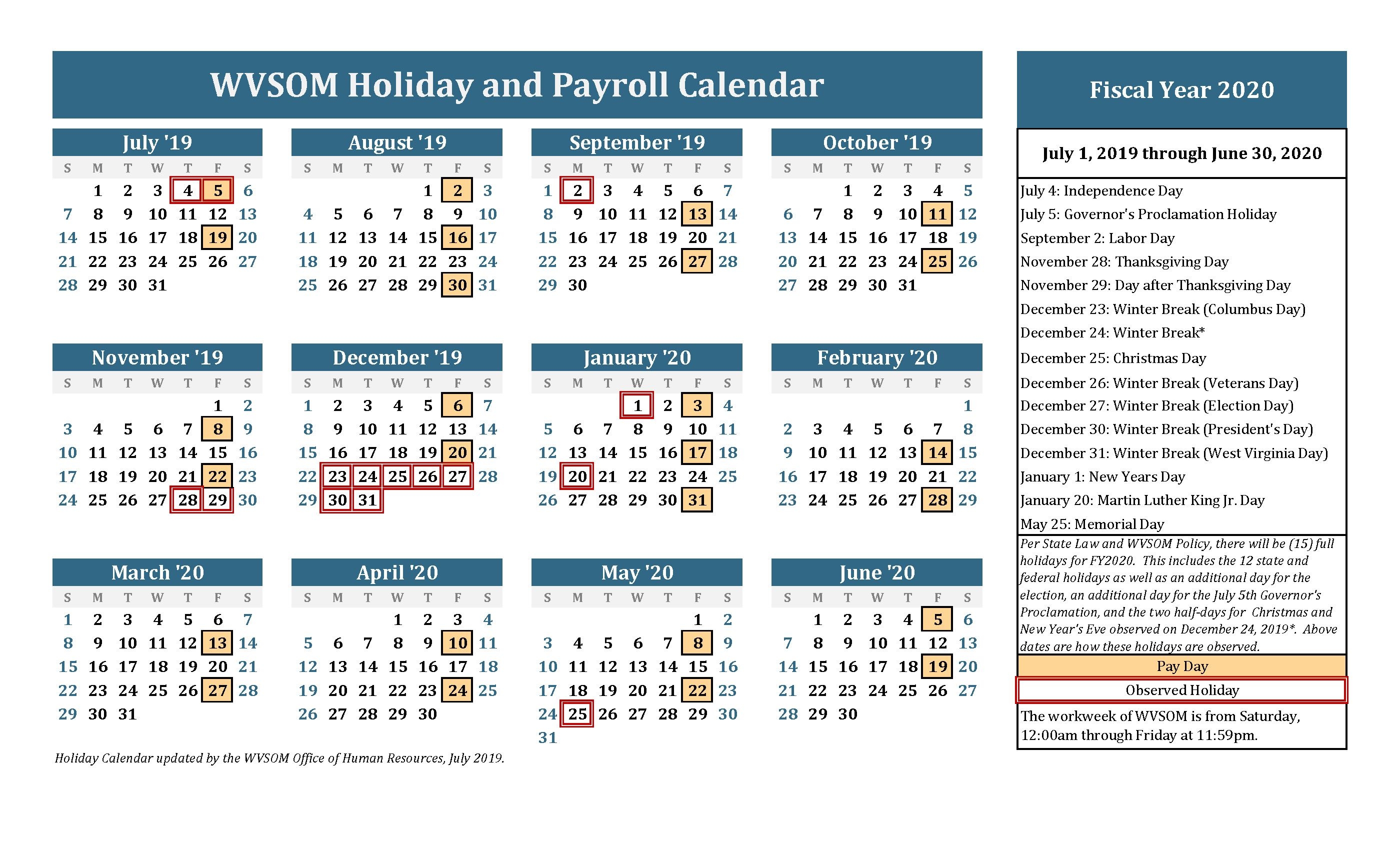 Human Resources - Holiday Calendar | West Virginia School Of