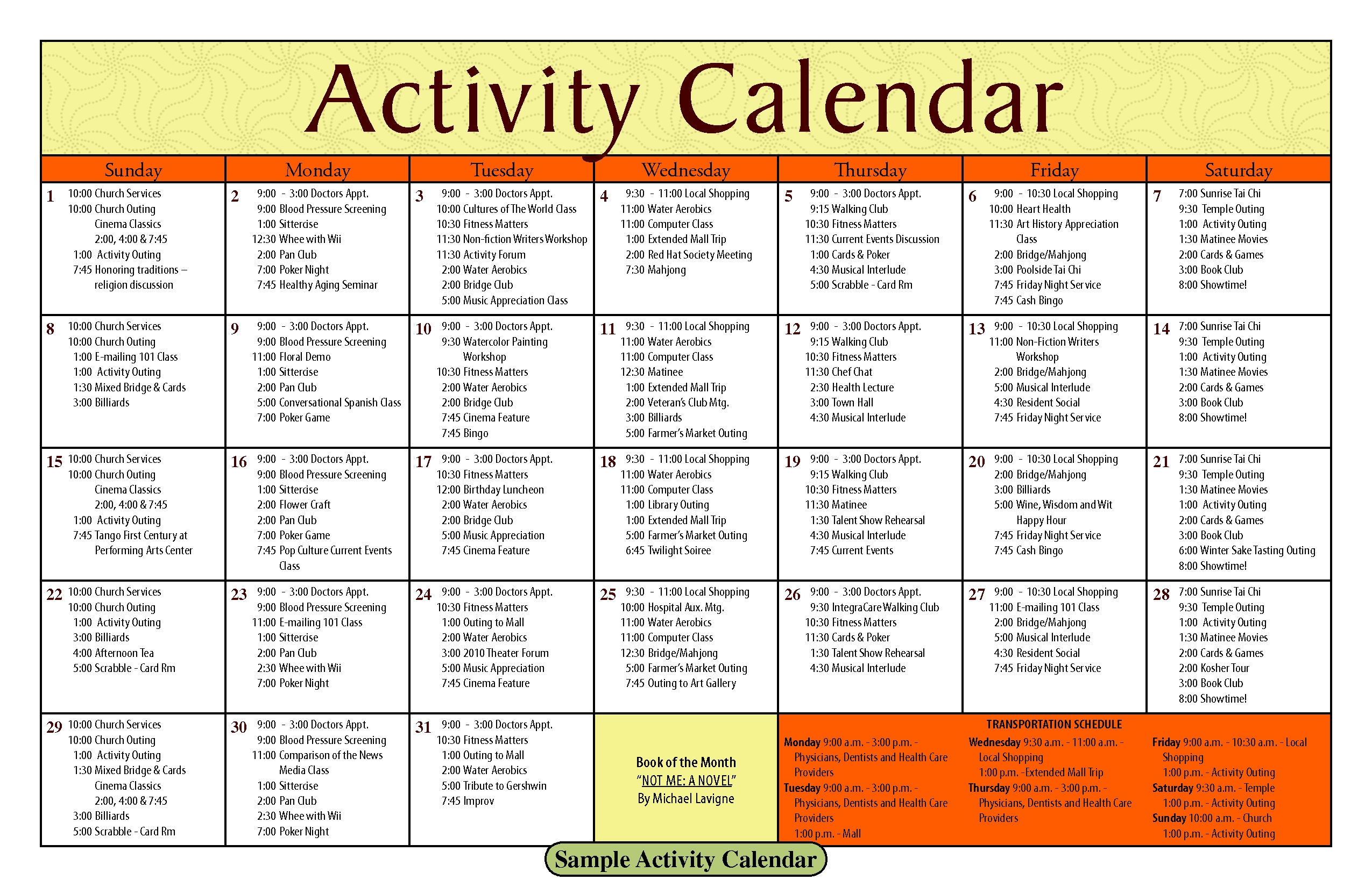 Image Result For Sample Calendar For Senior Activities