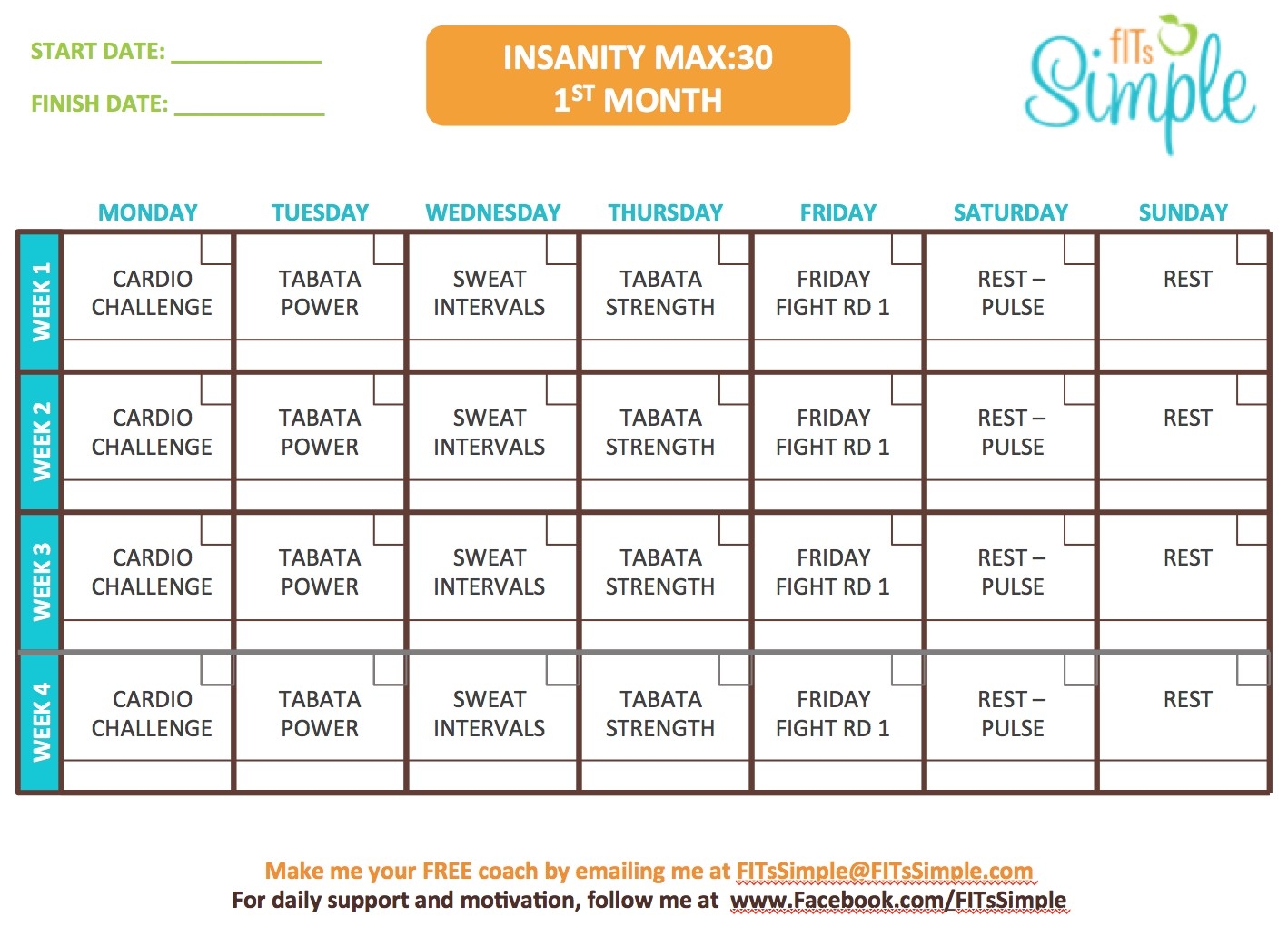 Insanity Max 30 Workout Calendar Free Download Template