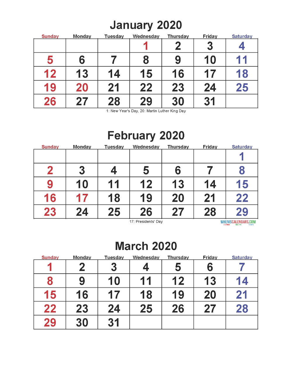 Jan Feb Mar 2020 Calendar 3 Months Per Page – Free Printable